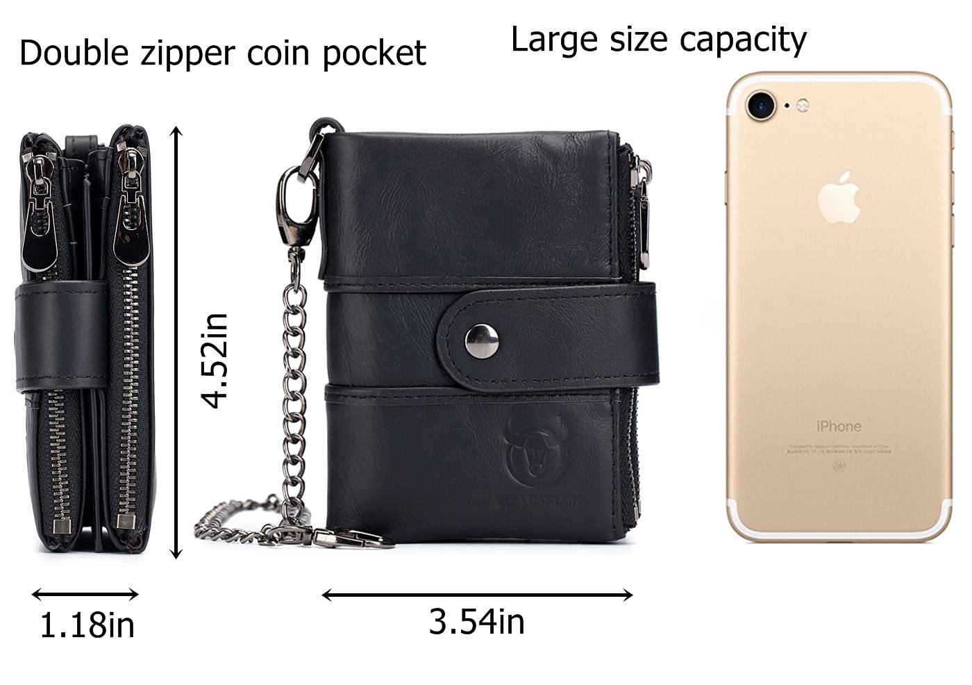 BULLCAPTAIN Genuine Leather RFID Blocking Anti-Theft Bifold Wallet for Men - Double Zipper Coin Purse with ID Window (Black) | Perfect for Travel, Business & Everyday Use