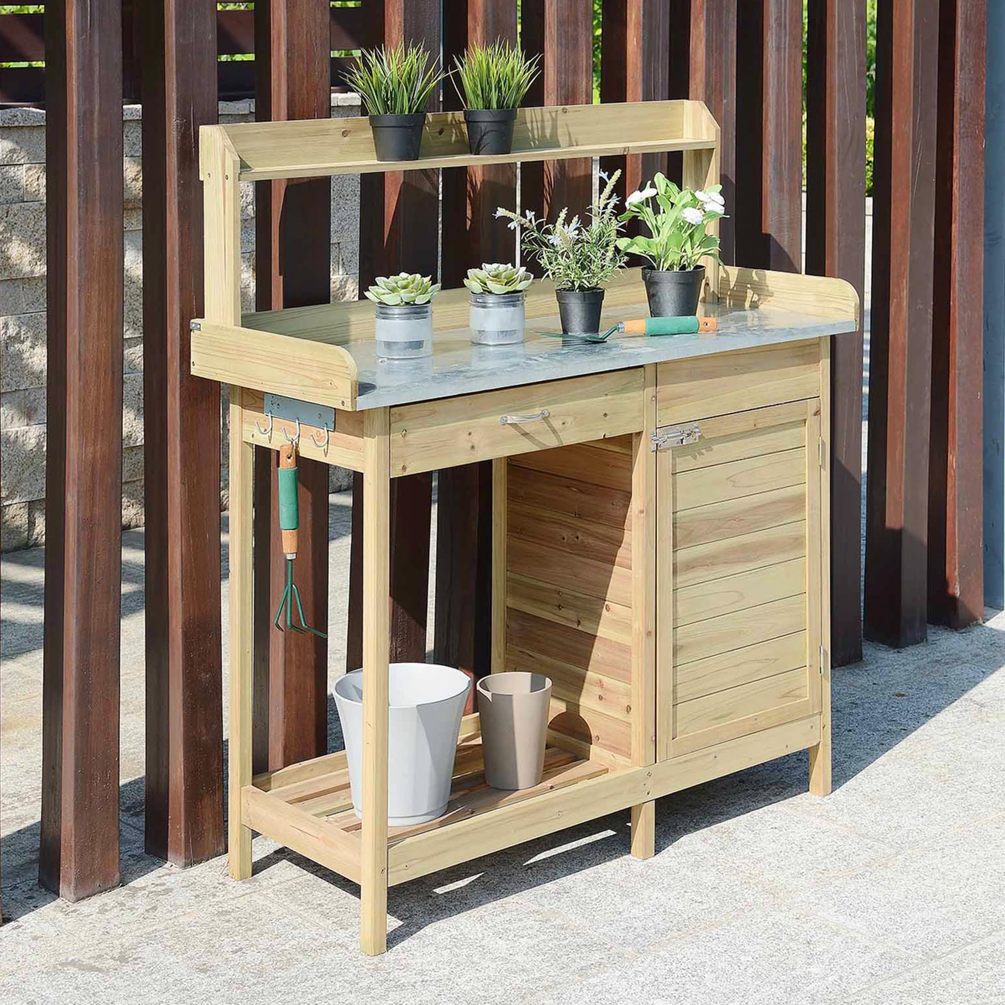 Deluxe 1 Drawer Potting Bench with Storage Cabinet & Shelves - Natural Fir Wood Garden Workstation for Planting, Gardening & Outdoor Storage