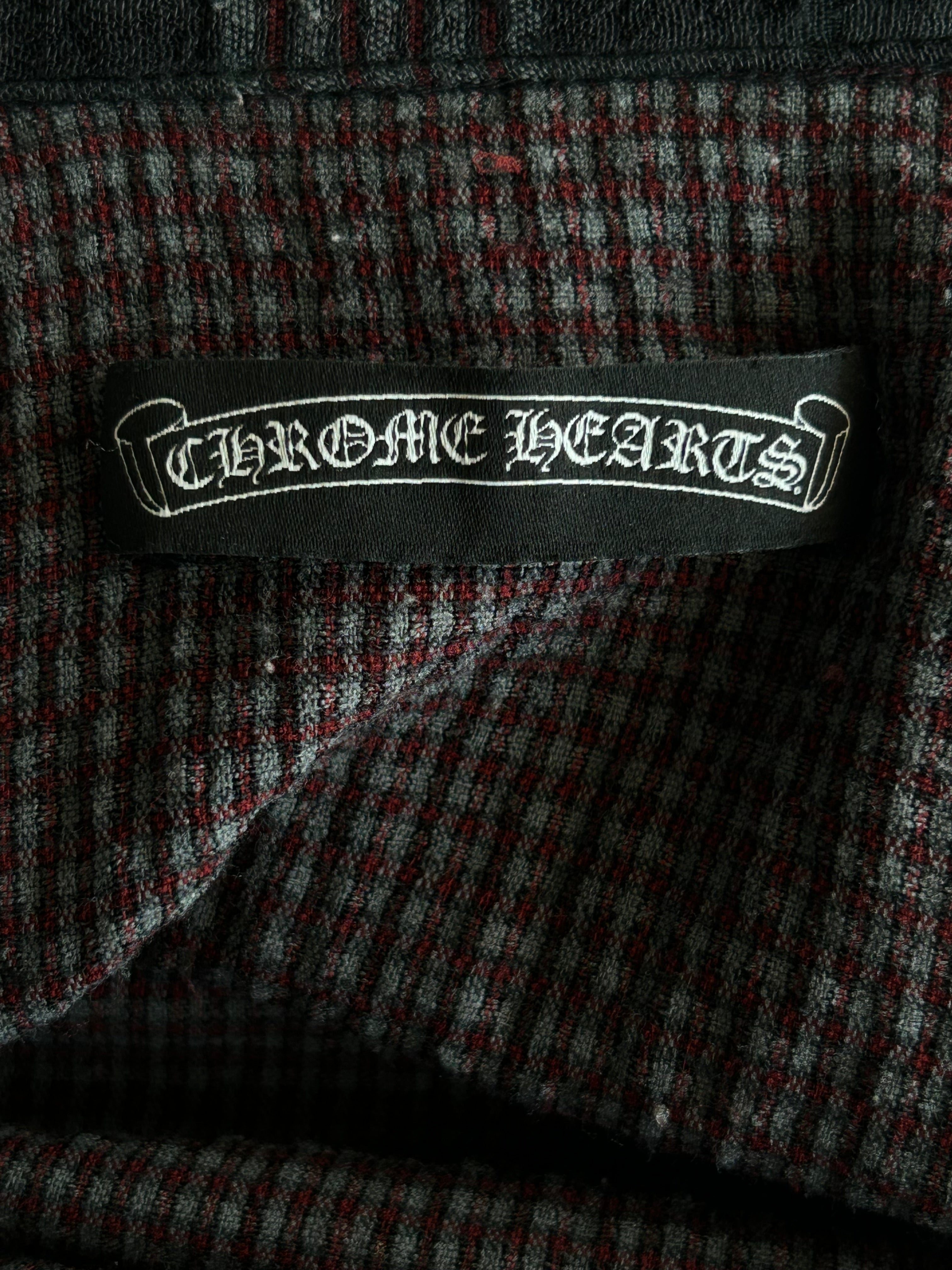 Chrome Hearts Red & Black Leather Cross Patch Flannel Shirt - Stylish Gothic Fashion for Men & Women - Perfect for Casual Wear, Concerts, and Street Style