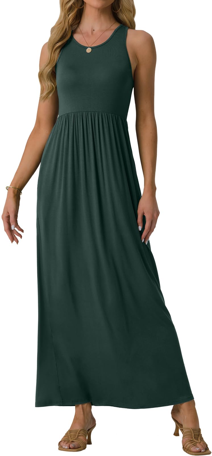 GRECERELLE Women's Floral Print Sleeveless Racerback Maxi Dress with Pockets - Summer Beach Wedding, Vacation & Casual Wear Long Dress