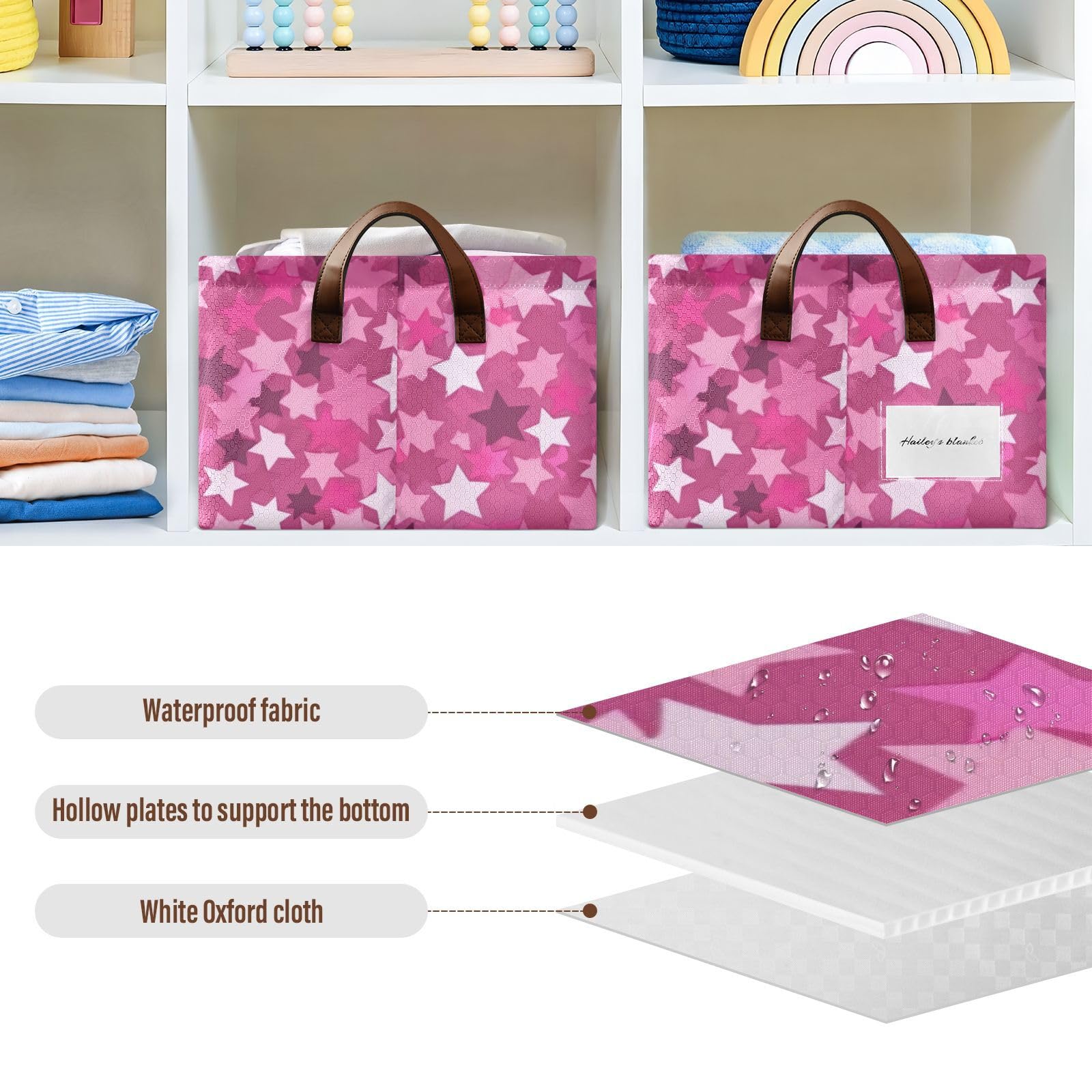 Pink Stars Large Fabric Storage Baskets with Handles - 2 Pack Closet Organizer Bins for Shelves, Home & Office Organization | Perfect for Bedroom, Bathroom & Kids Room Storage