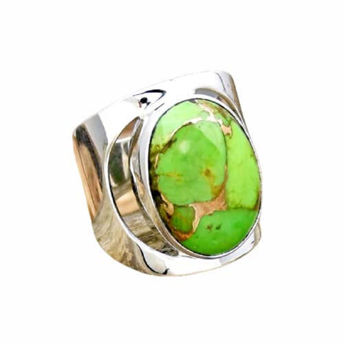 Green Copper Turquoise Ring for Women - Sterling Silver Oval Bohemian Wide Band Ring - Handmade Jewelry Gift for Her - Perfect for Boho Fashion, Weddings & Everyday Wear