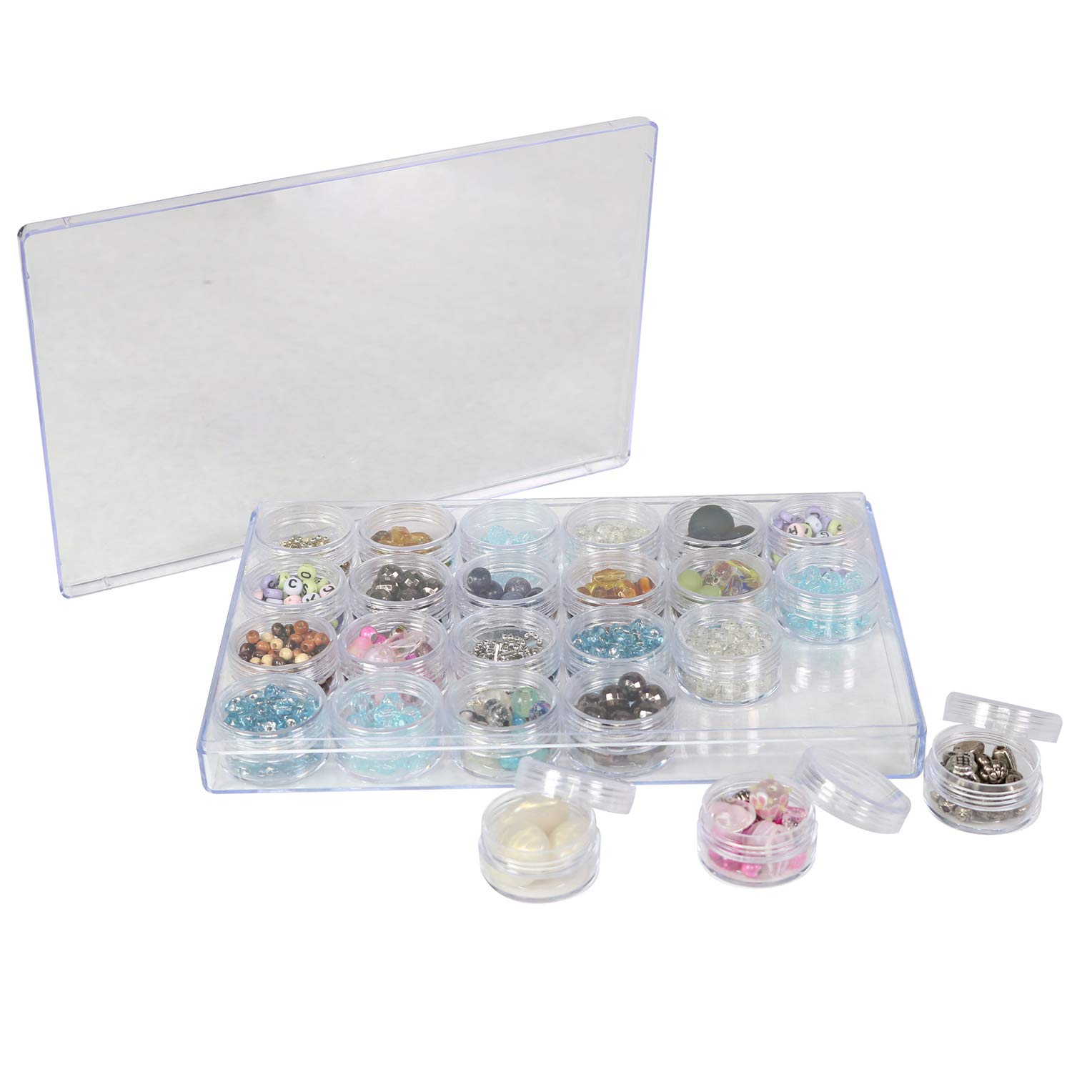 Everything Mary Large Plastic Bead Storage Organizer Box with 24 Jars - Craft Bead Organizer for Jewelry Making, Painting & Art Supplies - Clear Plastic Storage Container for Beads, Buttons & Small Crafts - Perfect for DIY Projects & Craft Room Organization