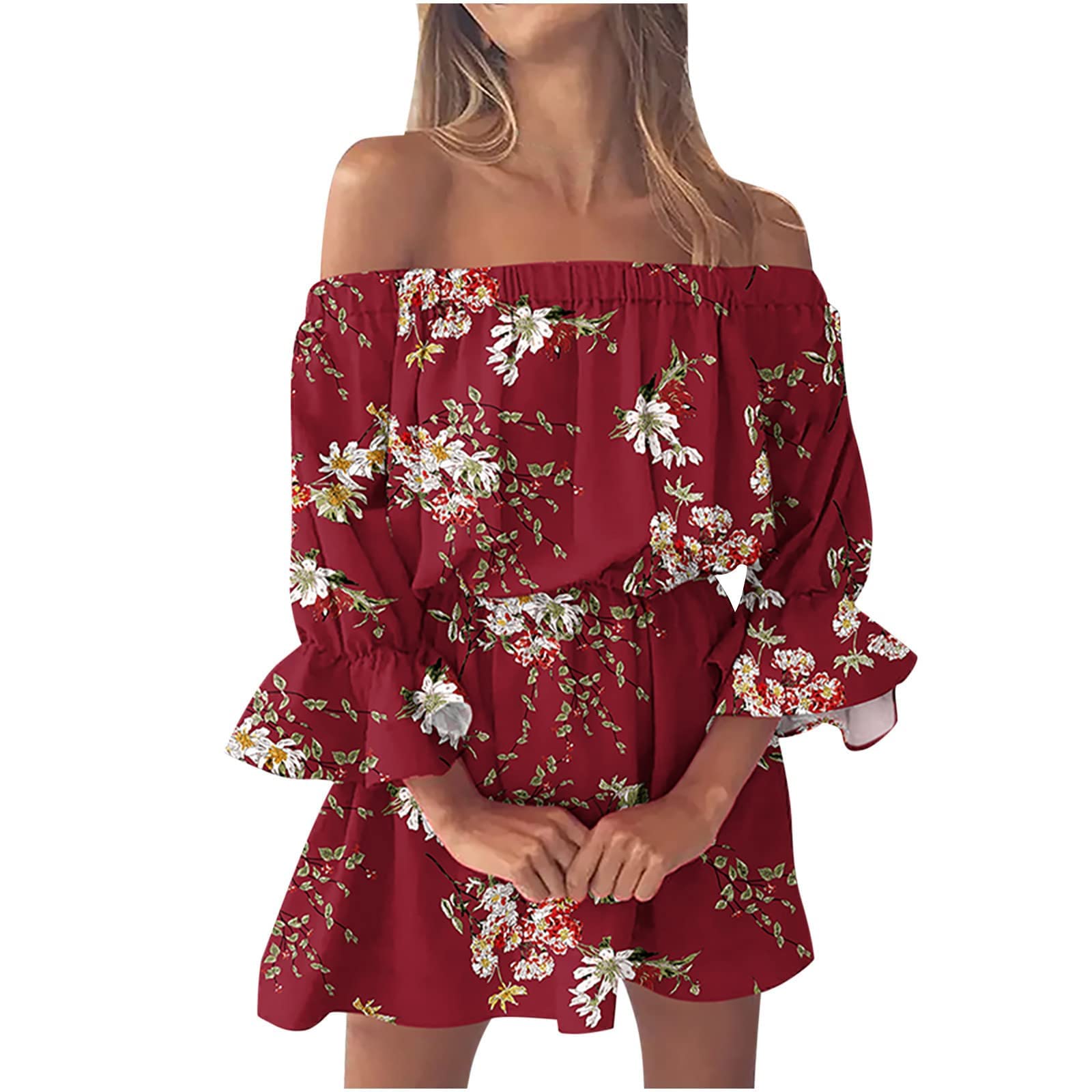 Sexy Off Shoulder Summer Dresses for Women - Floral Print Boho Sundress with Bell Sleeves | Perfect for Beach Vacations, Date Nights & Summer Parties