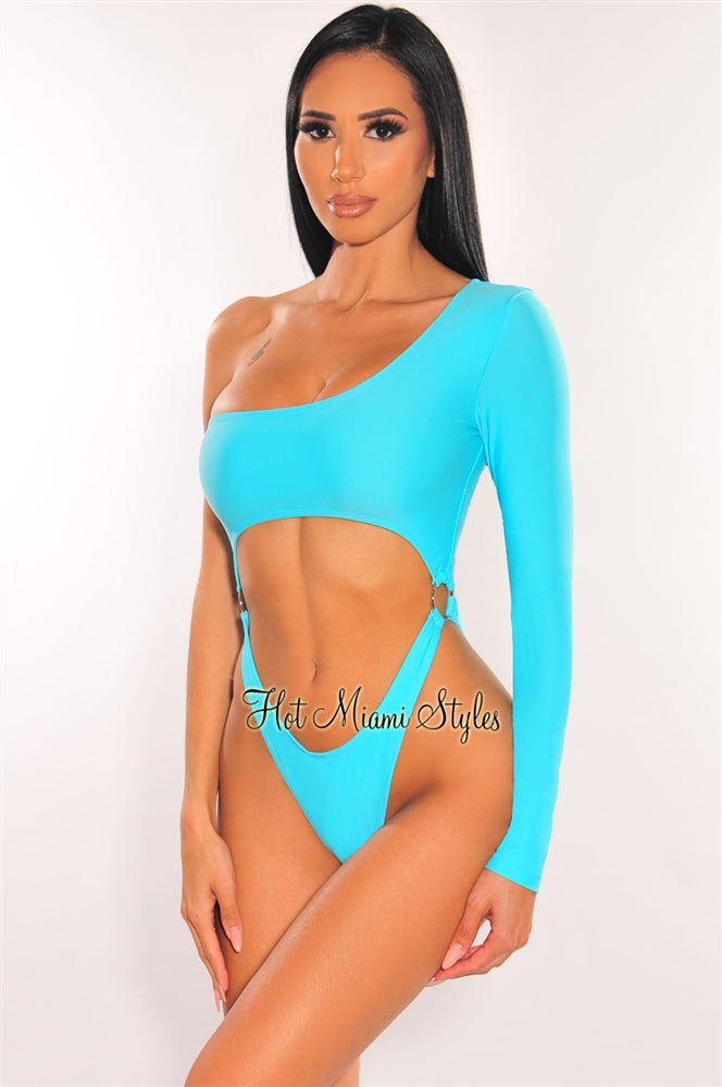 Aqua One Sleeve Cut Out O Ring High Cut Swimsuit - Sexy One Shoulder Bathing Suit for Women, Perfect for Beach, Pool Party & Summer Vacation