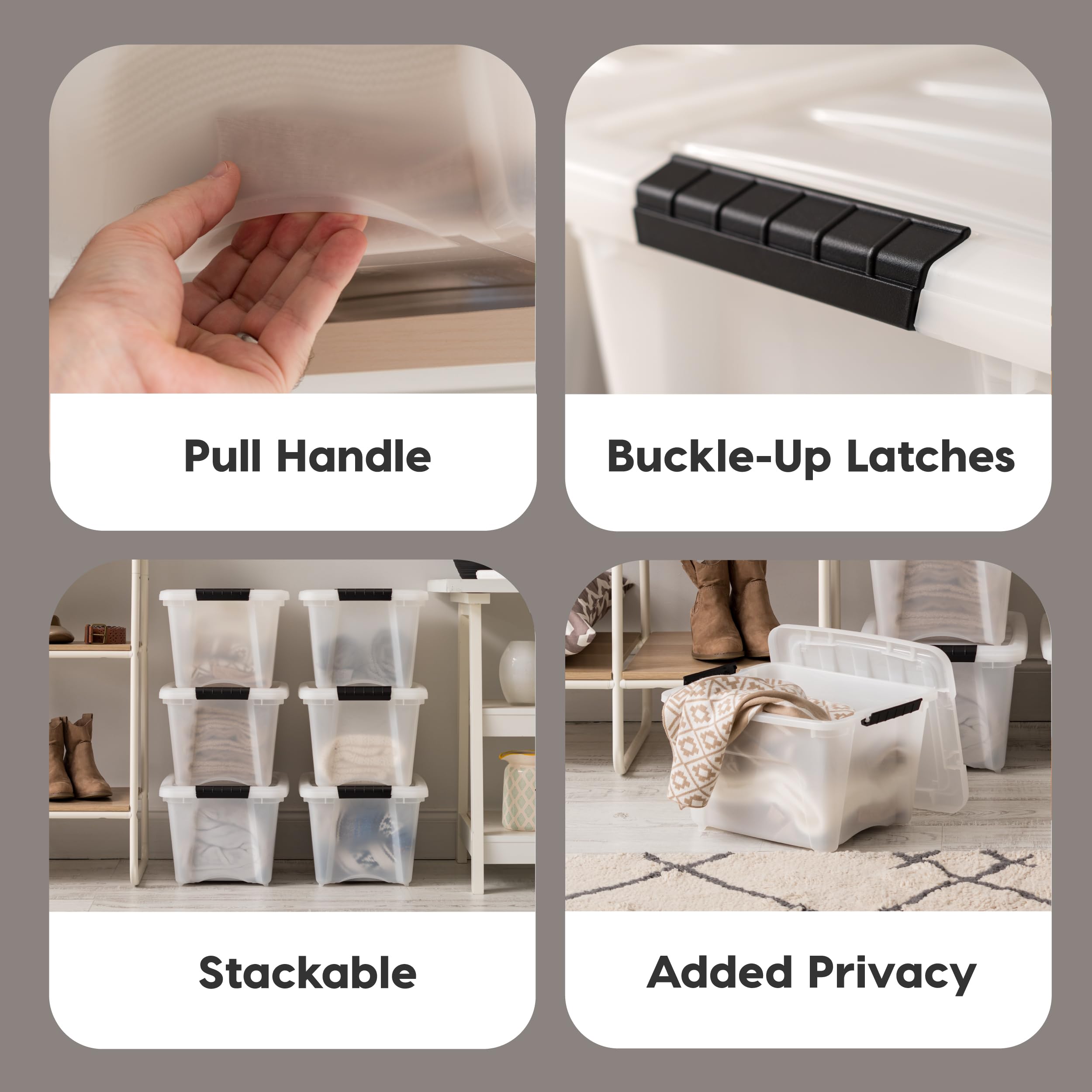 IRIS USA 19 Quart Stackable Plastic Storage Bins with Lids - 6 Pack BPA-Free Organizing Containers | Made in USA | Durable Nestable Design with Secure Latches & Pull Handles | Perfect for Home Organization, Closet Storage & Pantry Organization (Pearl White)