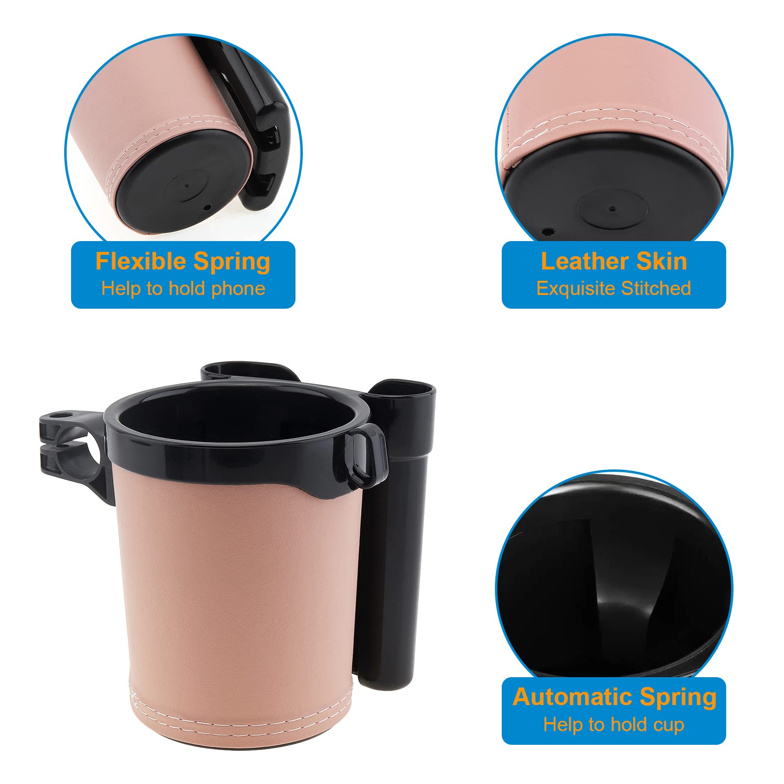Leather Bike Cup Holder & Water Bottle Holder with Phone & Key Storage - Universal Handlebar Mount for Beach Cruiser, Commuter & Road Bikes (Beige) - Perfect for Cycling, Commuting & Outdoor Adventures
