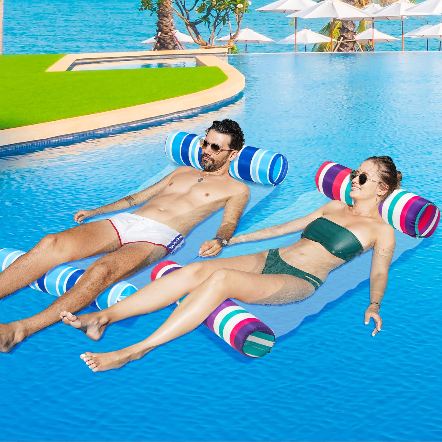 FindUWill 2 Pack XL Inflatable Water Hammock Pool Floats - Multi-Purpose Swimming Floaties for Adults (Saddle, Lounge Chair, Drifter) - Perfect for Vacation, Pool Relaxation & Summer Water Fun