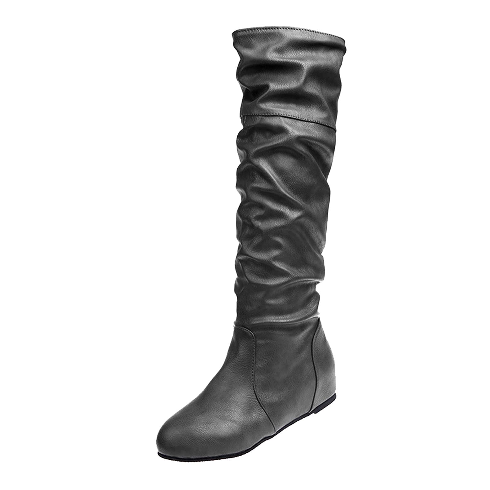 Women's Round Toe Knee High Slip On Boots - Flat Heel Pleated Booties for Ladies | Casual Wear, Office Outfits & Winter Fashion