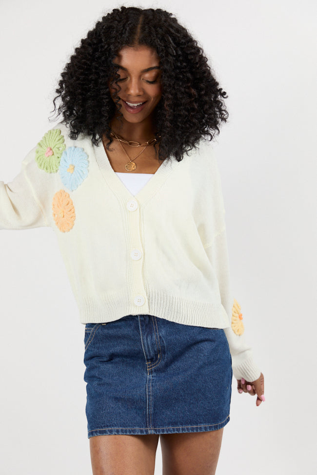 Made My Mark Ivory Multi Floral Embroidered Cardigan for Women | Elegant Lace Knit Sweater | Perfect for Spring Outfits & Casual Office Wear