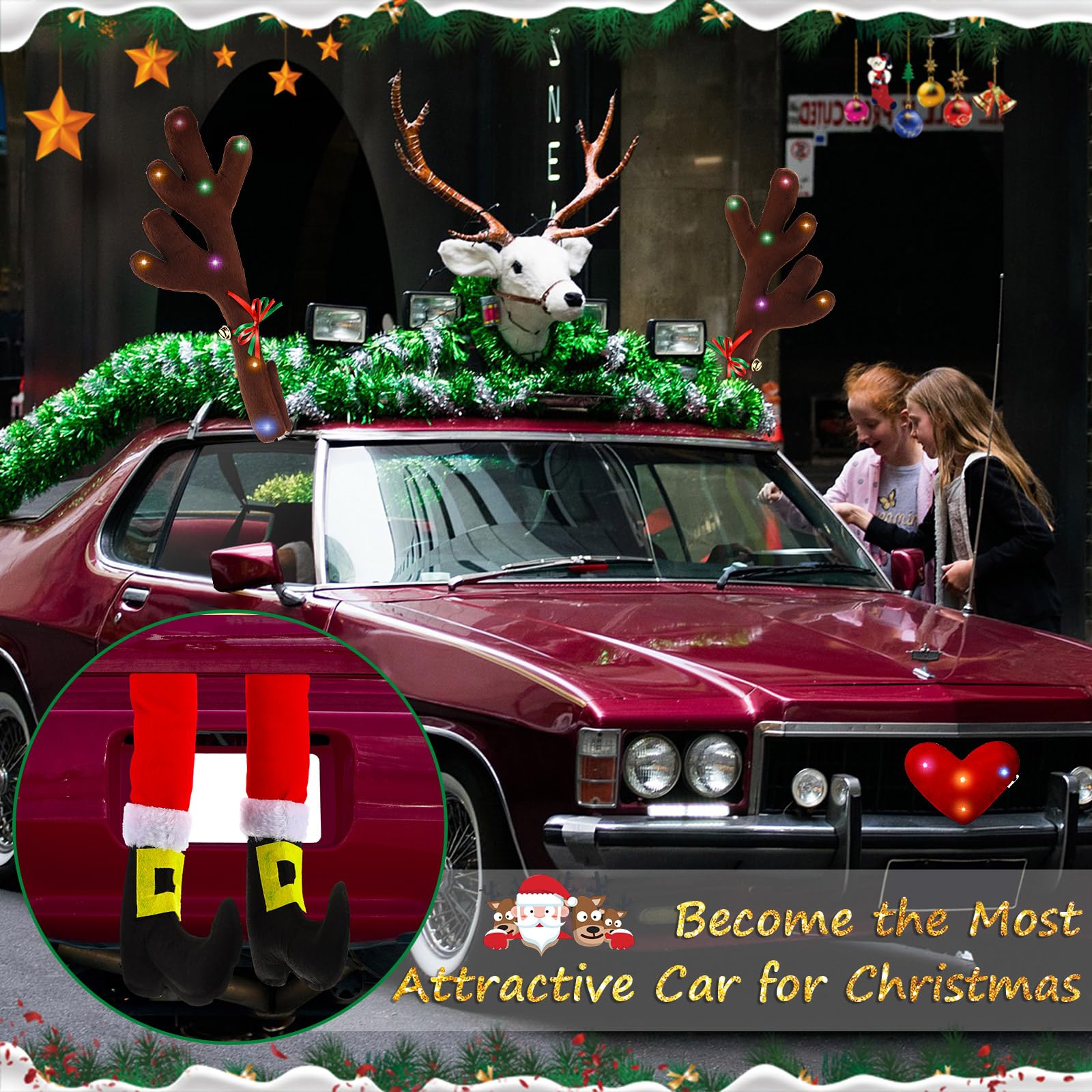 Frienda 2 Pcs Car Reindeer Antler Kit with LED Lights - Christmas Car Decorations Auto Accessories, Hanging Santa Claus Legs, Deer Nose & Star Candy Canes for Holiday Parties, Parades & Festive Road Trips