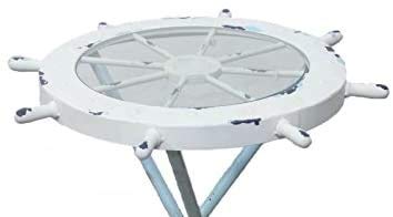 DRH Nautical Ship Wheel Coffee Table - Solid Wood & Glass Top with Metal Paddle Legs - Coastal Decor End Table for Beach Houses, Sailor Themed Living Rooms - Perfect for Seaside Homes, Yacht Cabins & Coastal Interior Design