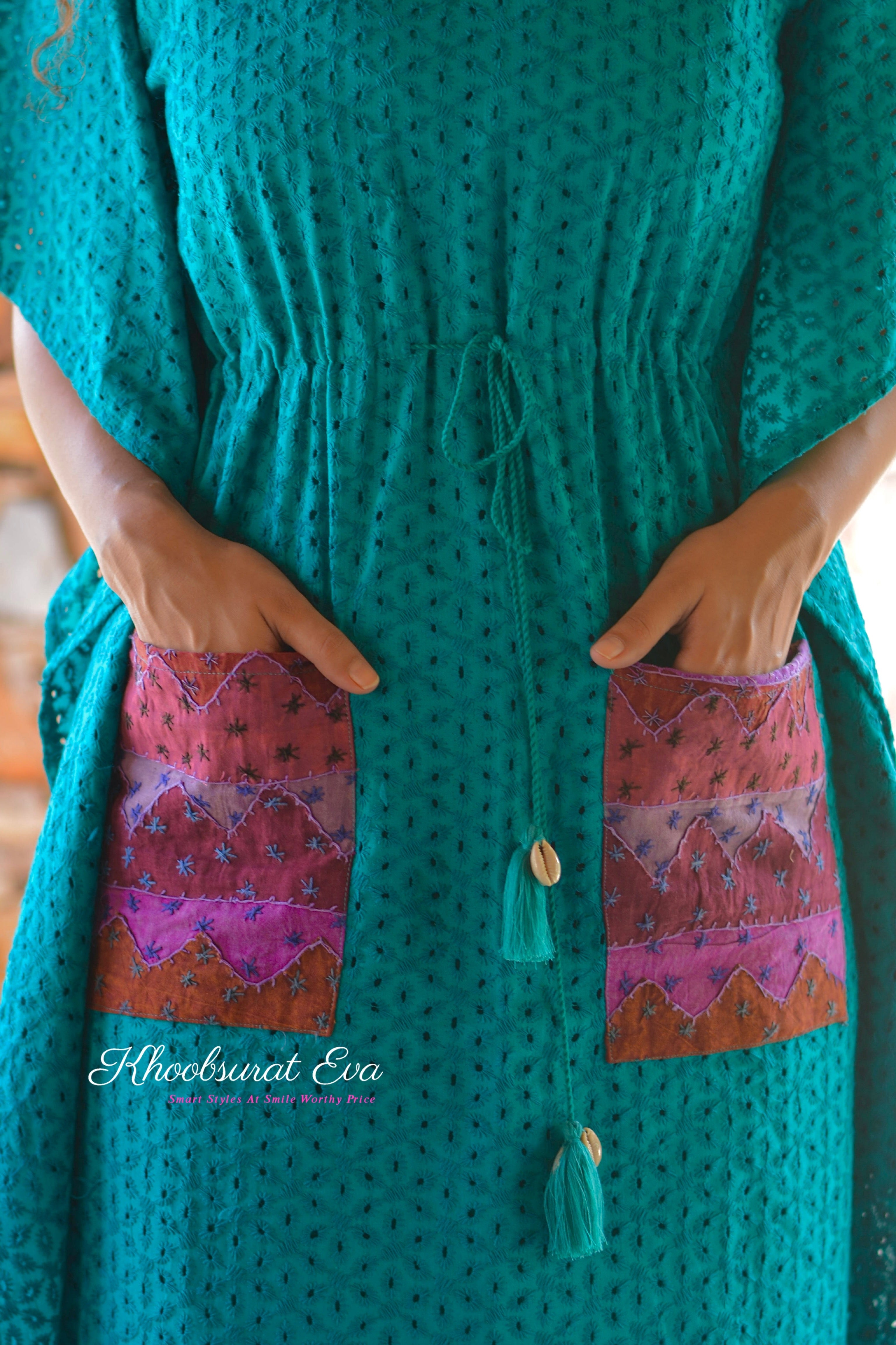 Exquisite Turquoise Chikankari Kaftan Dress for Women - Elegant Embroidered Long Maxi Dress - Perfect for Summer Beach, Boho Festival & Vacation Wear