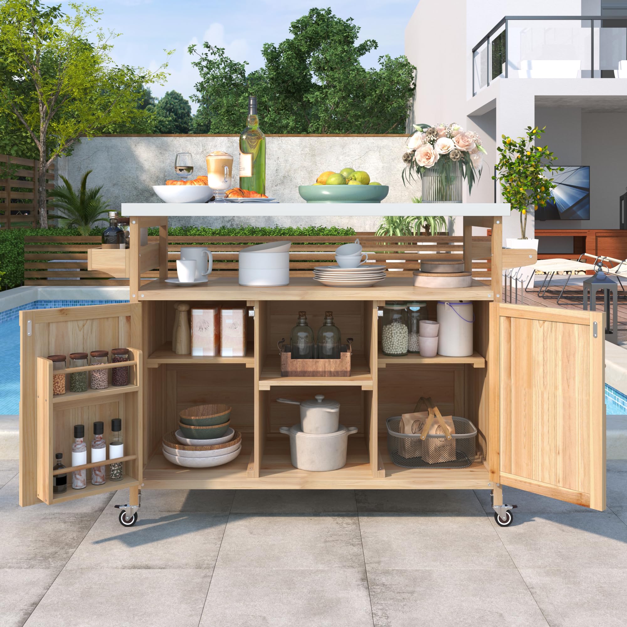 Premium Outdoor Kitchen Island with Wheels - Farmhouse Style Solid Wood BBQ Grill Cart with Stainless Steel Top, Storage Cabinet, Spice Rack & Towel Hooks - Perfect for Backyard Cooking, Patio Entertaining & Outdoor Dining (Natural Wood Finish)