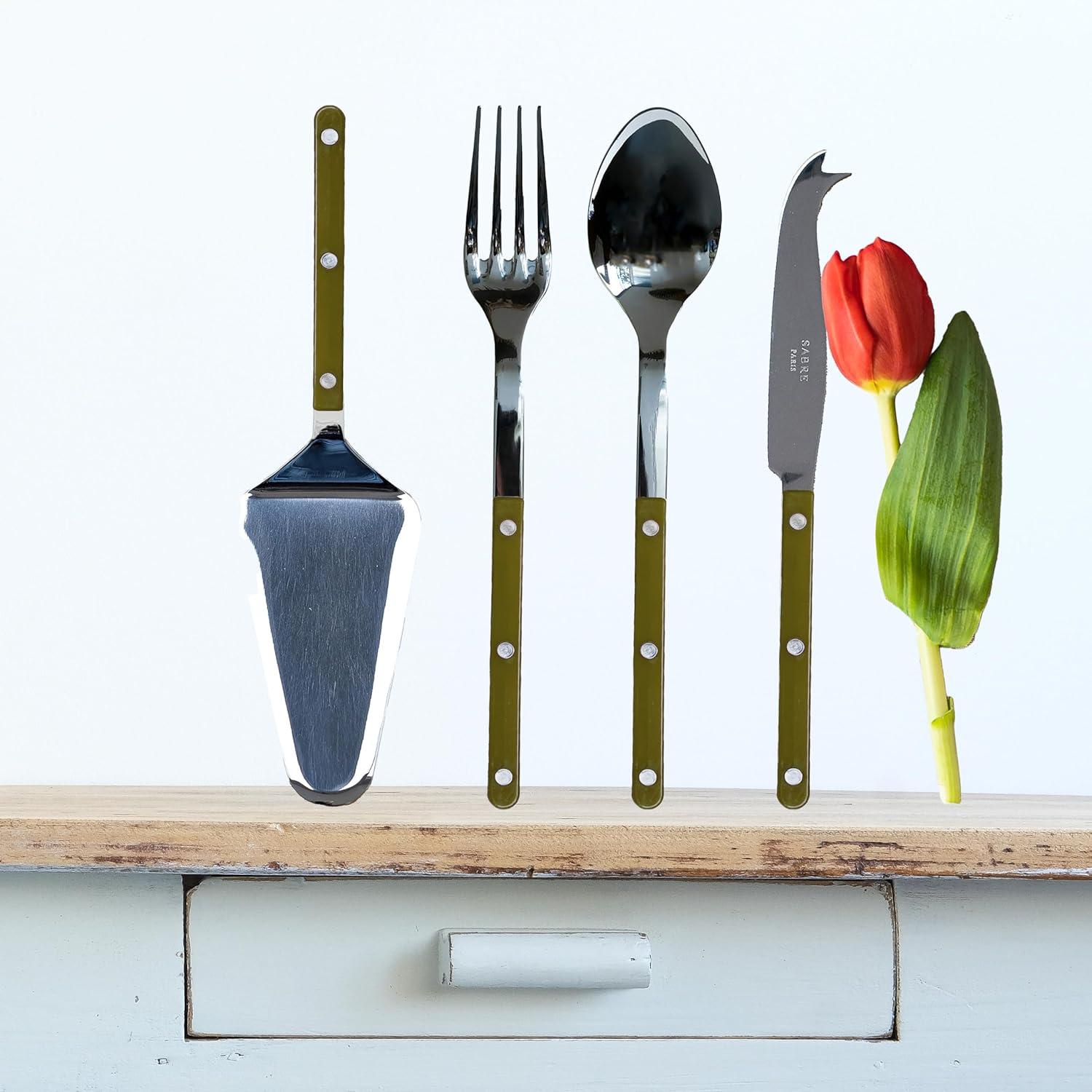 4-Piece Stainless Steel & Nylon Bistro Serving Set - 2 Serving Forks, Serrated Pie Server, Large Cheese Knife - Dishwasher Safe, Fern Green with Brilliant Finish - Perfect for Dinner Parties, Cheese Platters & Dessert Serving