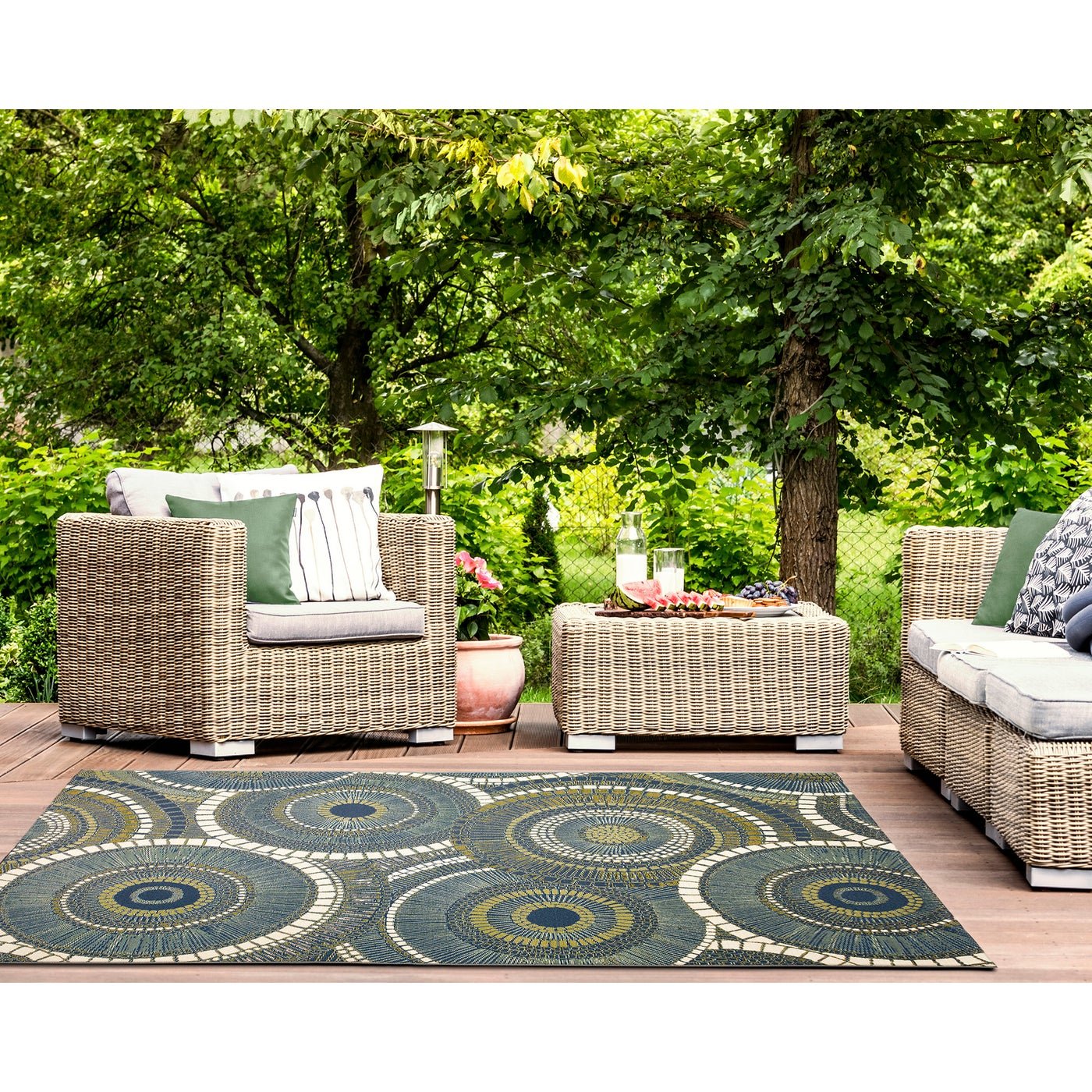 Liora Manne Marina Circles Indoor Outdoor Area Rug - Non-Slip Waterproof Bohemian Design for Living Room, Bedroom, Patio - Azure Blue Decorative Carpet