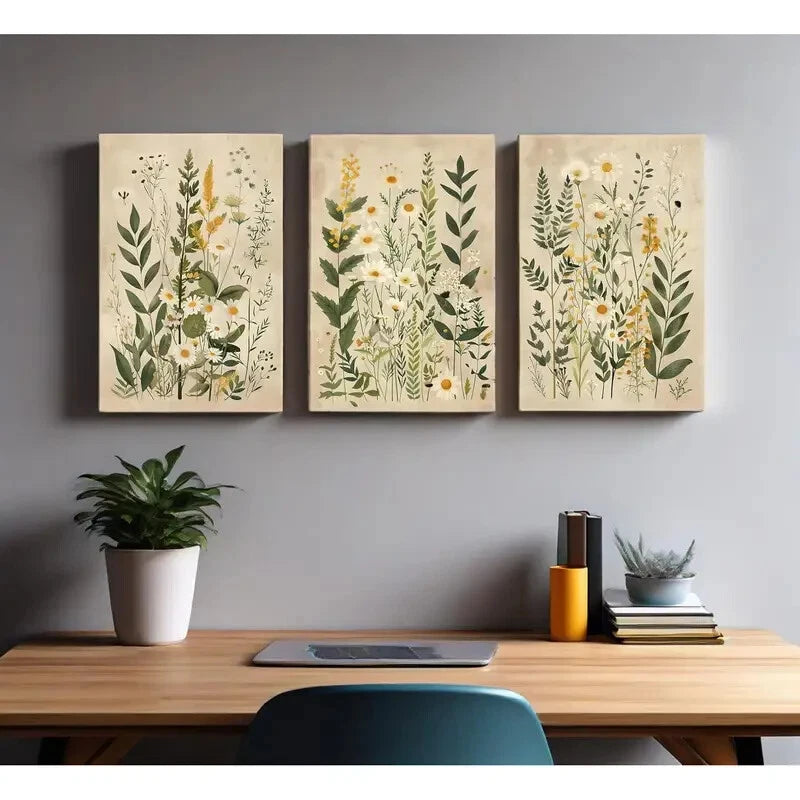 3pcs Vintage Wildflower Posters - Daisy & Sage Botanical Wall Art Prints, Metal Framed Ready to Hang for Living Room, Bedroom & Office Decor