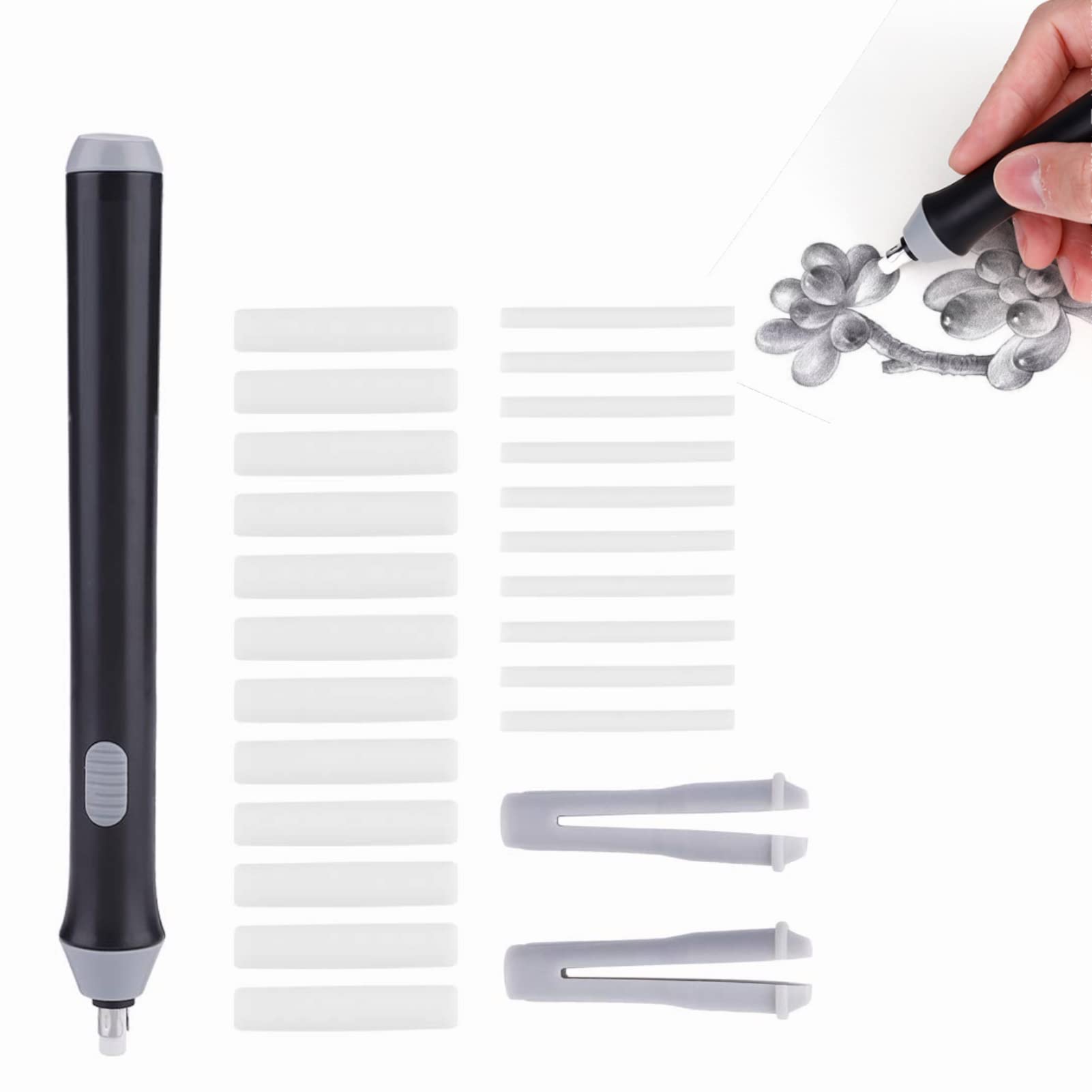 Battery Operated Electric Eraser - Automatic Portable Eraser Pen with 22 Replaceable Rubber Refills for Graphite & Technical Drawing (Black) | Perfect for Artists, Architects & Drafting Professionals