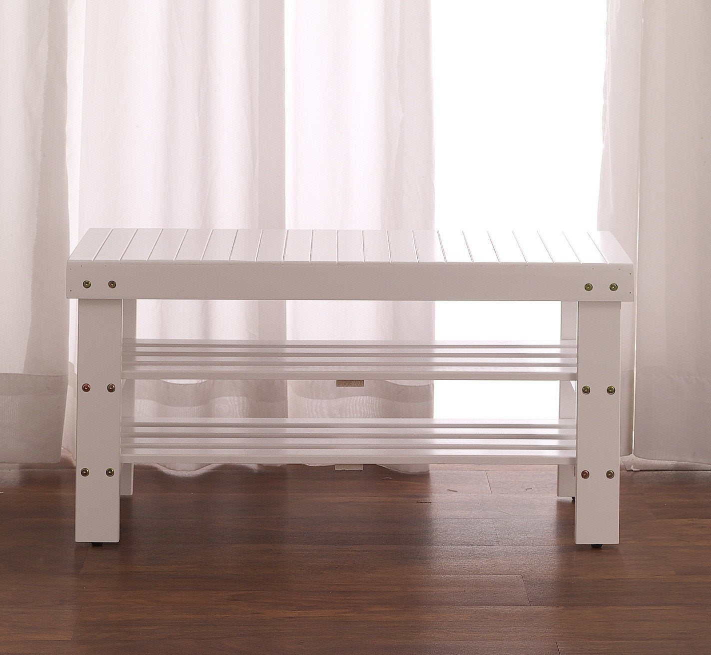 Roundhill Furniture Pina Solid Wood Shoe Bench with Storage - White Finish Entryway Organizer for Home & Office