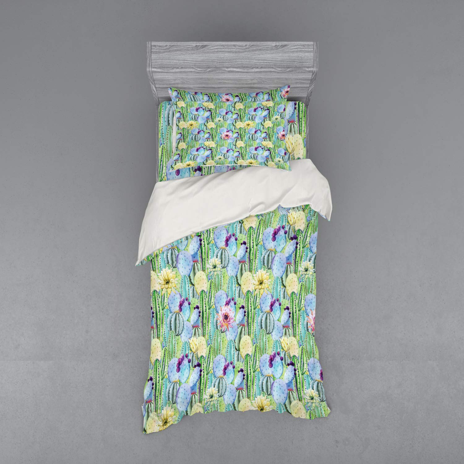 Ambesonne Cactus Duvet Cover Set - 3 Piece Twin Size with Sham & Fitted Sheet, Green Blue Cactus Plant Pattern with Flowers Buds Fruits Nature Artwork - Perfect for Kids Room, Boho Bedroom Decor or Desert Themed Nursery