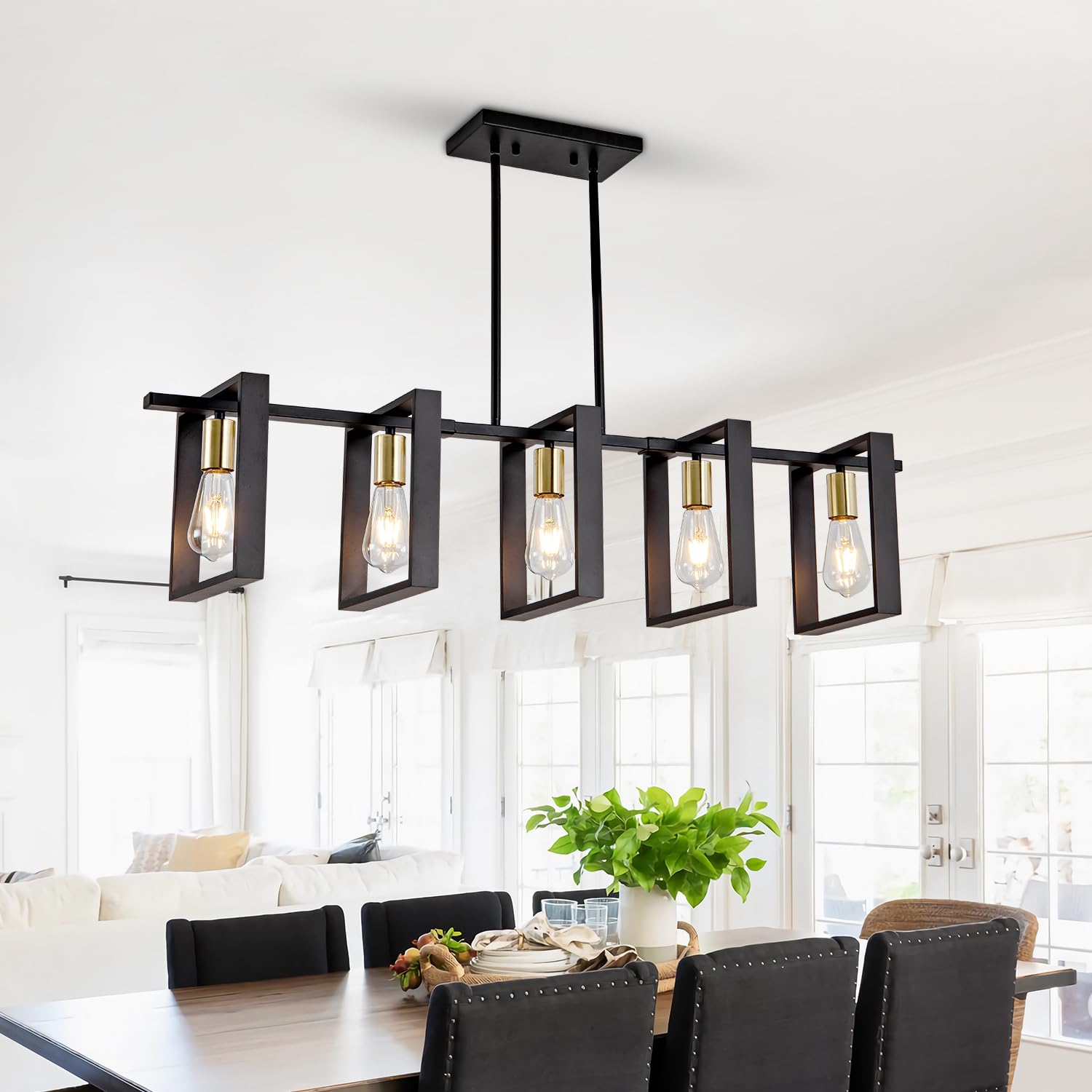 Rustic Farmhouse Wood Chandelier - 5-Light Black Kitchen Island Pendant Lighting, Adjustable Height 41.3