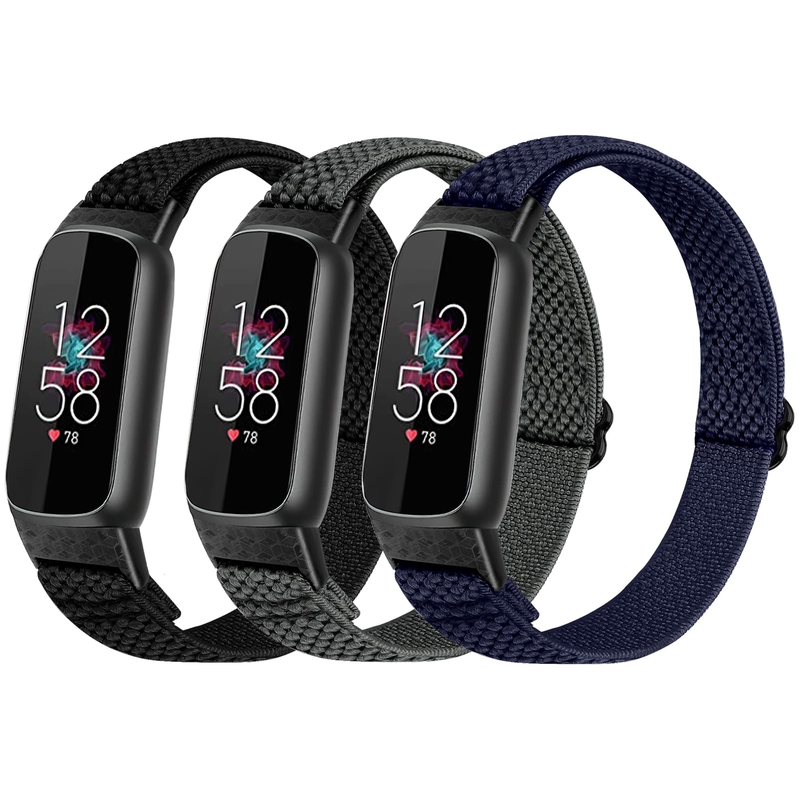 3 Pack Solo Loop Elastic Nylon Bands Compatible with Fitbit Luxe - Stretchy Adjustable Breathable Sports Replacement Straps for Women & Men - Perfect for Running, Workouts & Daily Wear