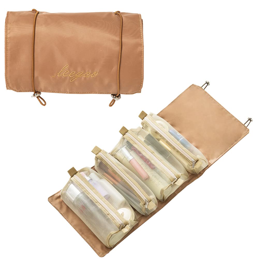 KAKKOII 4-in-1 Detachable Hanging Toiletry Bag - Roll Up Cosmetic Organizer with Removable Storage Pouches for Travel | Waterproof Makeup Bag for Women & Men (Black, Khaki) | Perfect for Airplane Carry-on, Gym, Camping & Business Trips