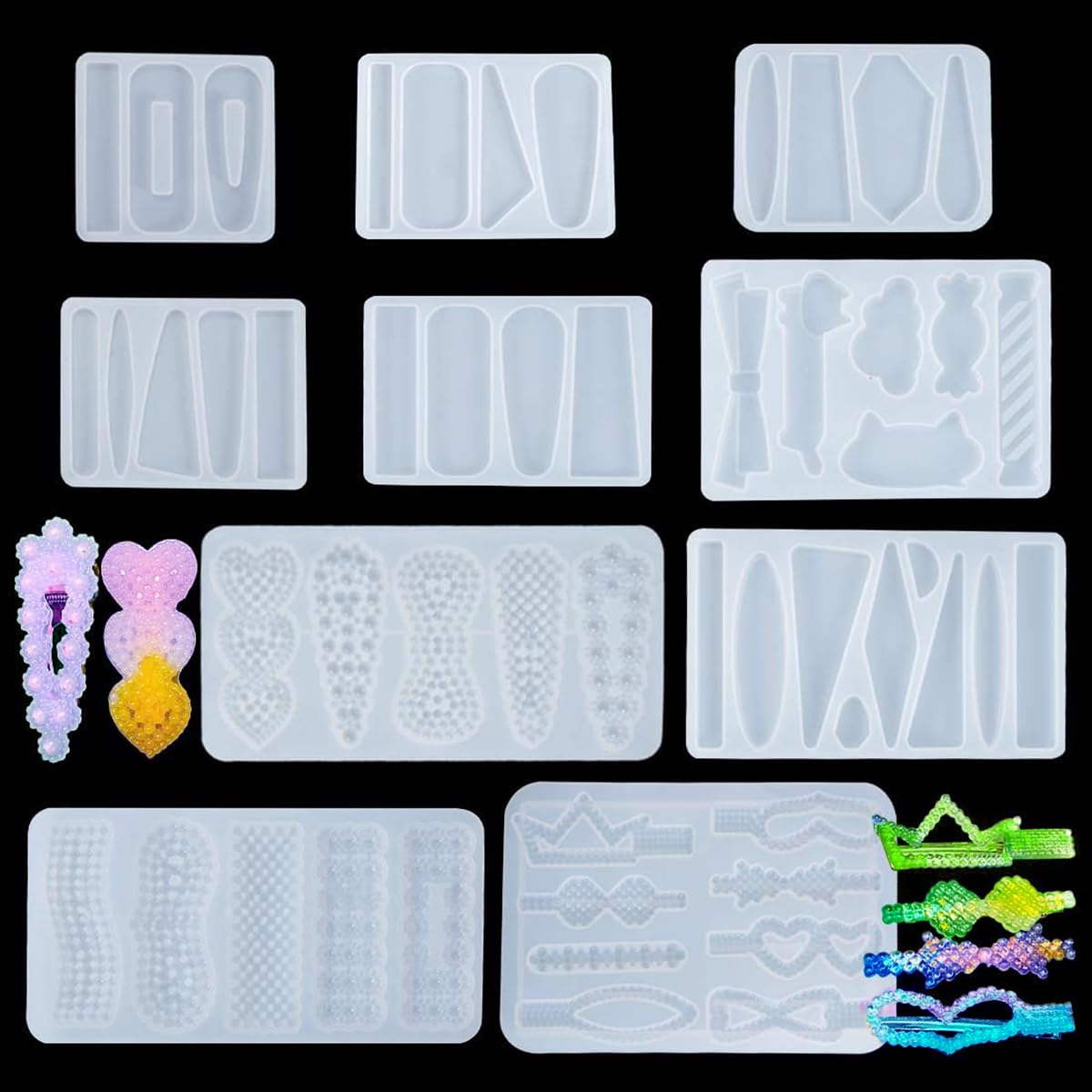 FineInno 10Pcs Resin Barrette Molds - DIY Hair Clip Casting Silicone Molds for Epoxy Resin Jewelry Making, Hair Pins, Bookmarks & Pendants - Perfect for Crafting, DIY Gifts & Handmade Accessories
