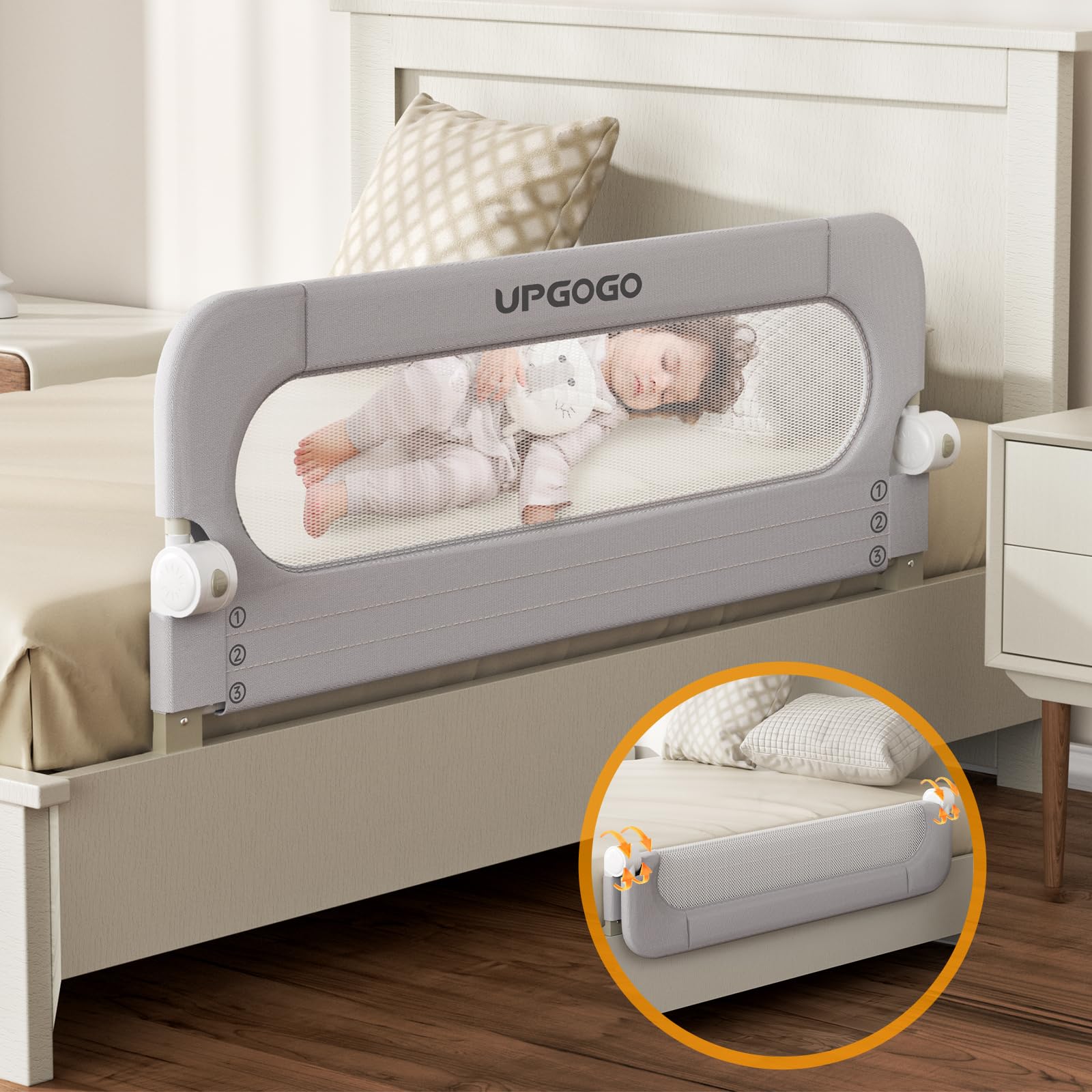 **Toddler Safety Bed Rail - Adjustable & Reinforced Anchor System for Bunk, Full, Queen, King & Twin Beds (Grey, 43