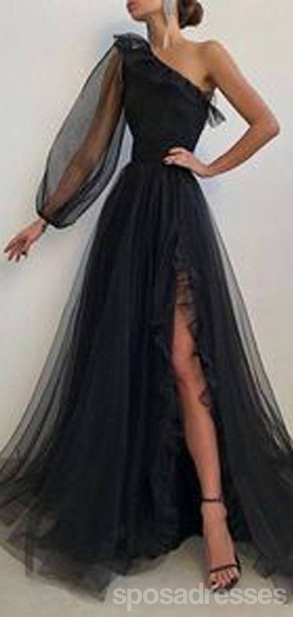 Elegant Black A-Line One Shoulder Long Sleeve High Slit Prom Dress for Women - Perfect for Homecoming, Formal Dances & Special Occasions