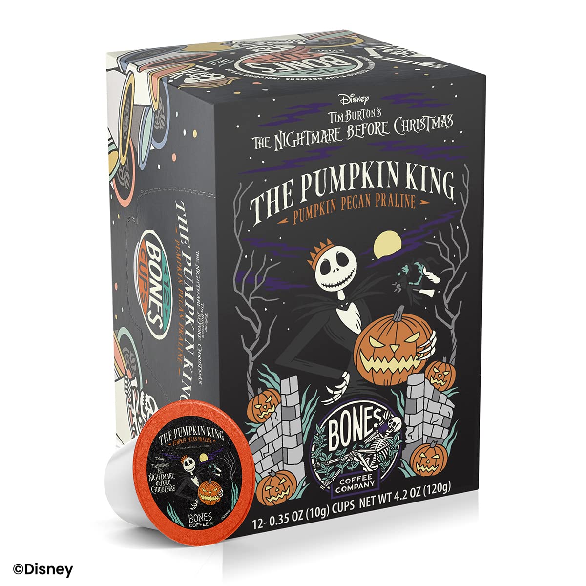 Bones Coffee Company The Nightmare Before Christmas Pumpkin King Flavored Coffee Pods - Pumpkin Pecan Praline Single-Serve Cups for Keurig 1.0 & 2.0 Brewers (12 Count) | Perfect for Holiday Gifts, Halloween Parties & Cozy Autumn Mornings
