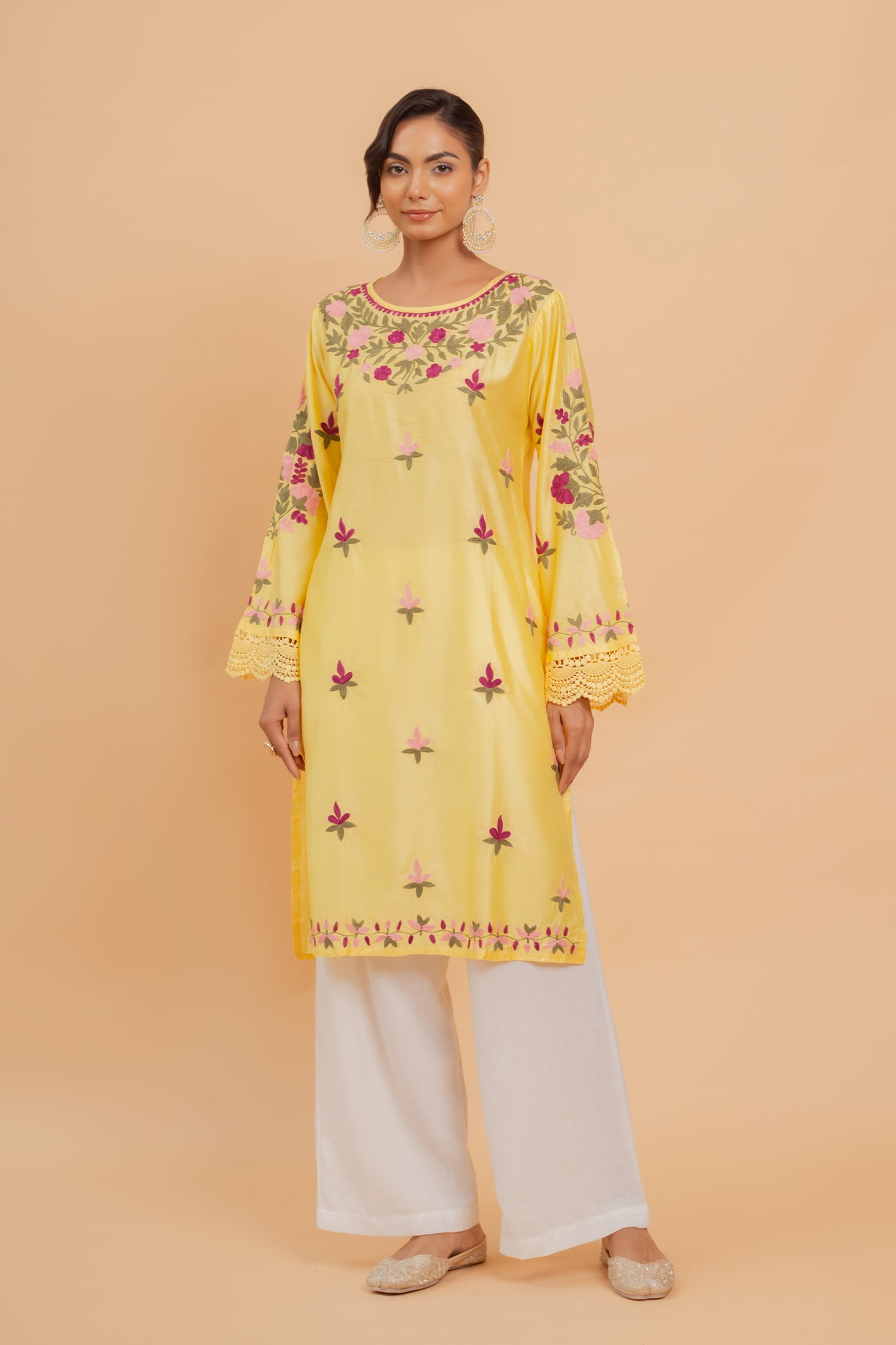 Gargi in Falak Kashmiri Long Kurta - Yellow Chanderi Silk Aari Embroidered Traditional Indian Dress for Women | Perfect for Festivals, Weddings & Ethnic Occasions
