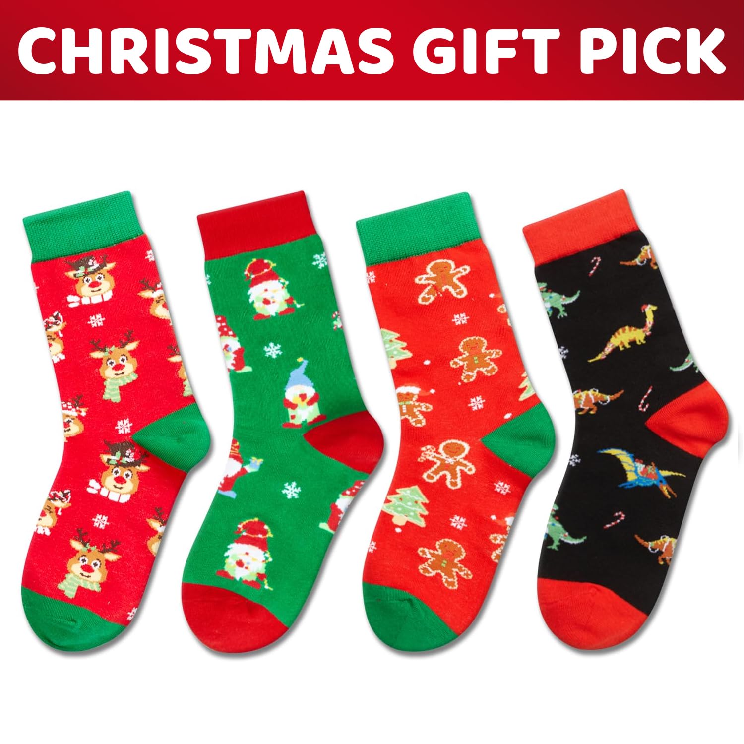HappyPop Christmas Stocking Socks for Boys & Girls - 4 Pack Festive Gnome & Reindeer Socks with Greeting Card | Holiday Gift, Winter Party Outfit, Cozy Home Decor
