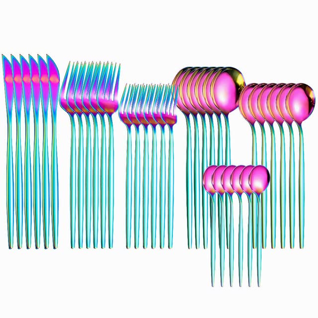 Premium Mirror Black Stainless Steel Silverware Set - 36-Piece Cutlery Set with Forks, Knives & Spoons for Dining, Dessert & Table Setting | Eco-Friendly Dinnerware | Perfect for Restaurants, Weddings & Home Entertaining (Mirror Rainbow Color)