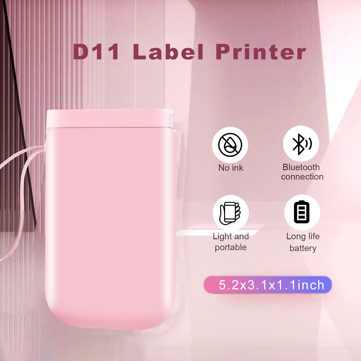 NIIMBOT D11 Portable Wireless Label Maker Machine with 1 Roll Tape - Mini Bluetooth Label Printer for Home, Office & Business Organization (Pink) | Perfect for Organizing Files, Storage Boxes & Office Supplies