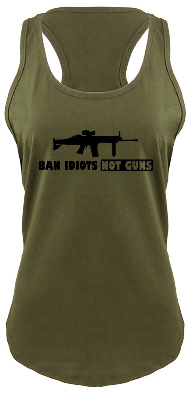 Funny Women's Racerback Tank Top - 'Ban Idiots Not Guns' Second Amendment Shirt for Gun Rights Supporters | Perfect for Range Days, Political Rallies & Conservative Events