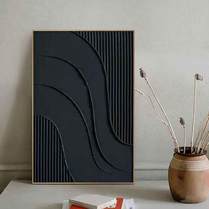 Black Plaster Art Minimalist Textured Painting - Modern Abstract Wall Decor for Living Room, Bedroom & Office | Unique Home Artwork #MZ007