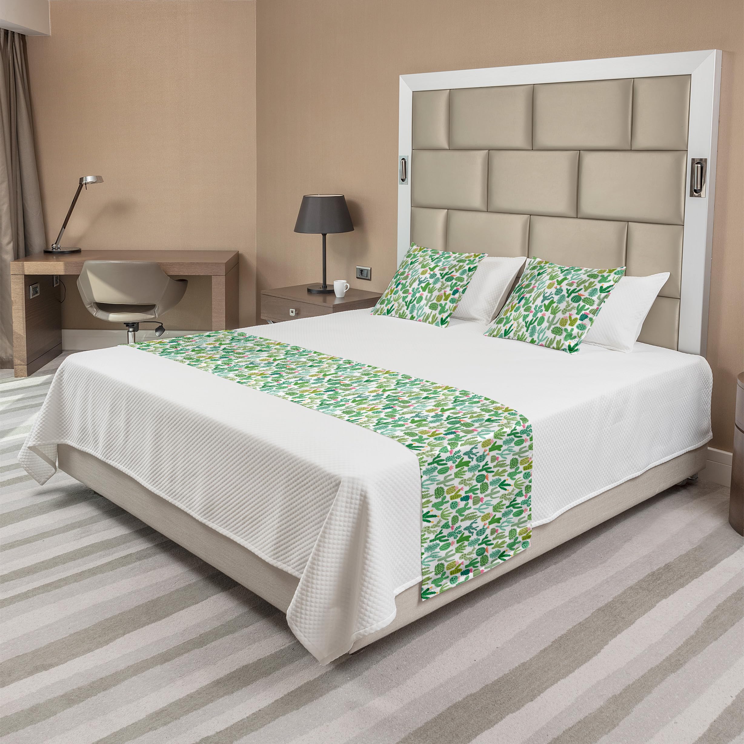 Ambesonne Cactus Bed Runner Set with 2 Pillow Shams - Mexican Theme Cacti Plants Sketch Design on White & Seafoam Backdrop - Decorative Bedding Scarf for Hotels, Homes, and Guest Rooms - Perfect for Southwest, Boho, or Desert Themed Bedroom Decor