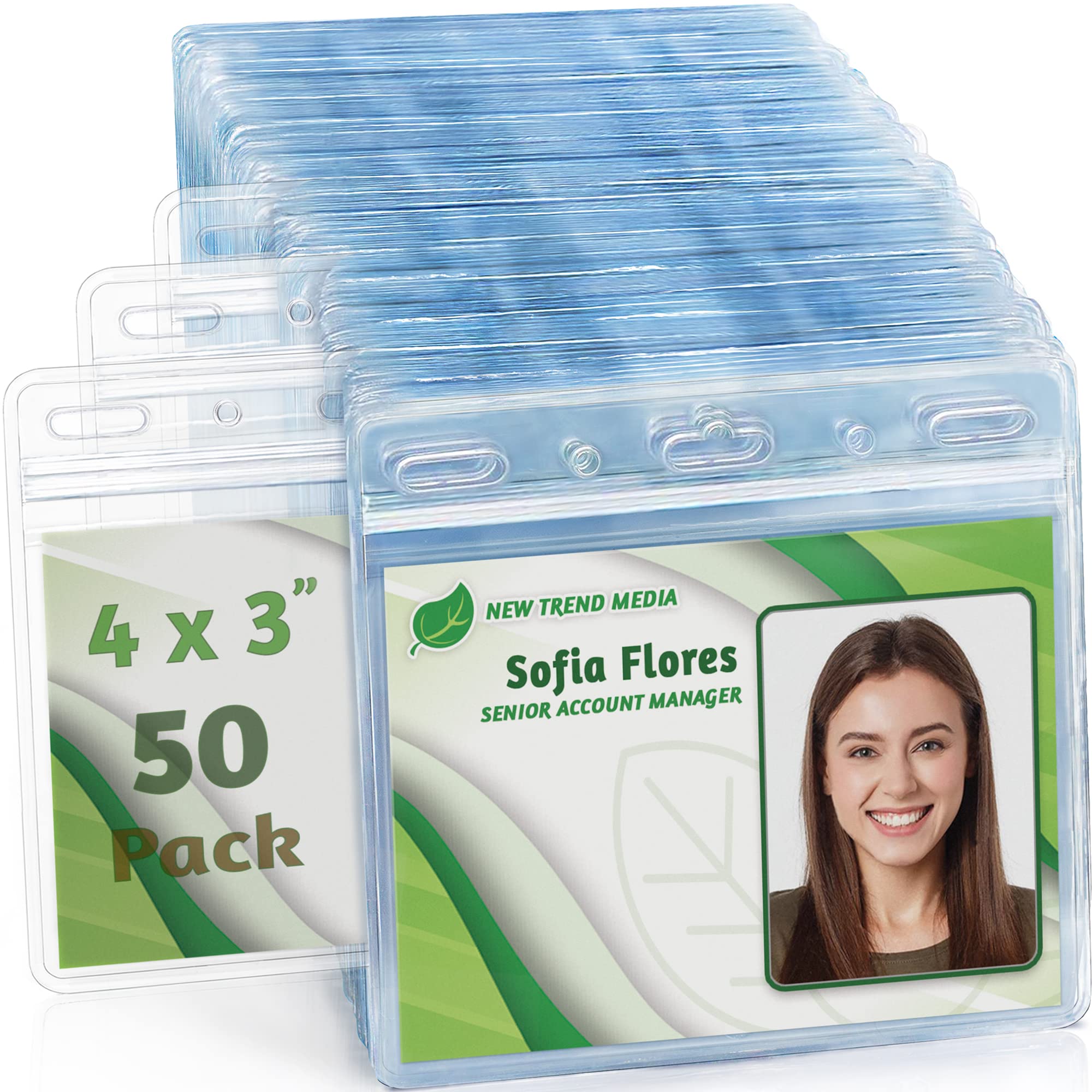 EcoEarth 4x3 Inch Horizontal Card Protector with Soft Edge - Waterproof ID Holder (50 Pack) | Bulk Name Badge & Tag Holders | Clear Plastic Badge Sleeves for Business Events, Conferences & Security Access