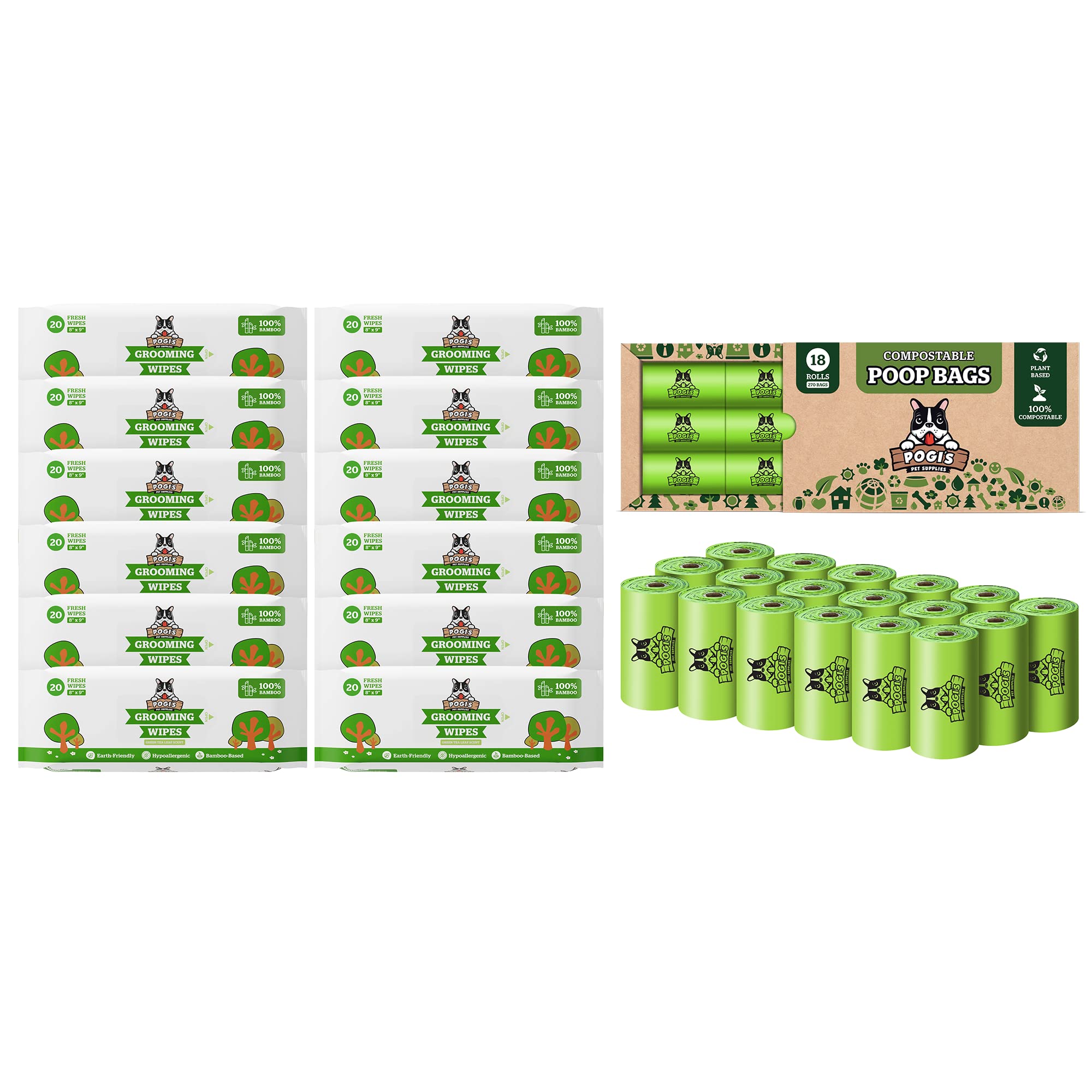 Pogi's Poop n' Wipe Travel Pack - 270 Biodegradable Dog Waste Bags with 240 Pet Grooming Wipes | Portable Dog Cleanup Kit for Travel, Hiking & Outdoor Adventures