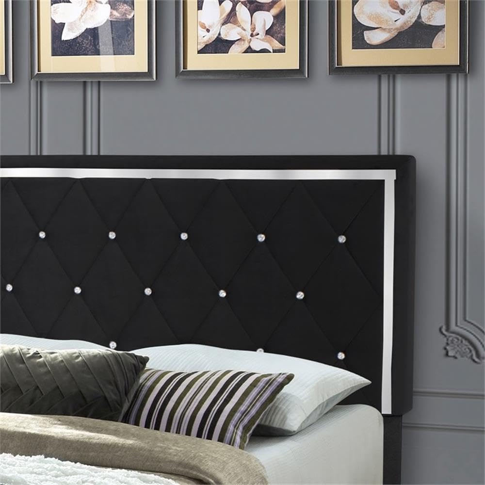 Pemberly Row Modern Velvet Upholstered Queen Size Platform Bed Frame - Black Luxury Bedroom Furniture for Master Bedroom & Guest Room