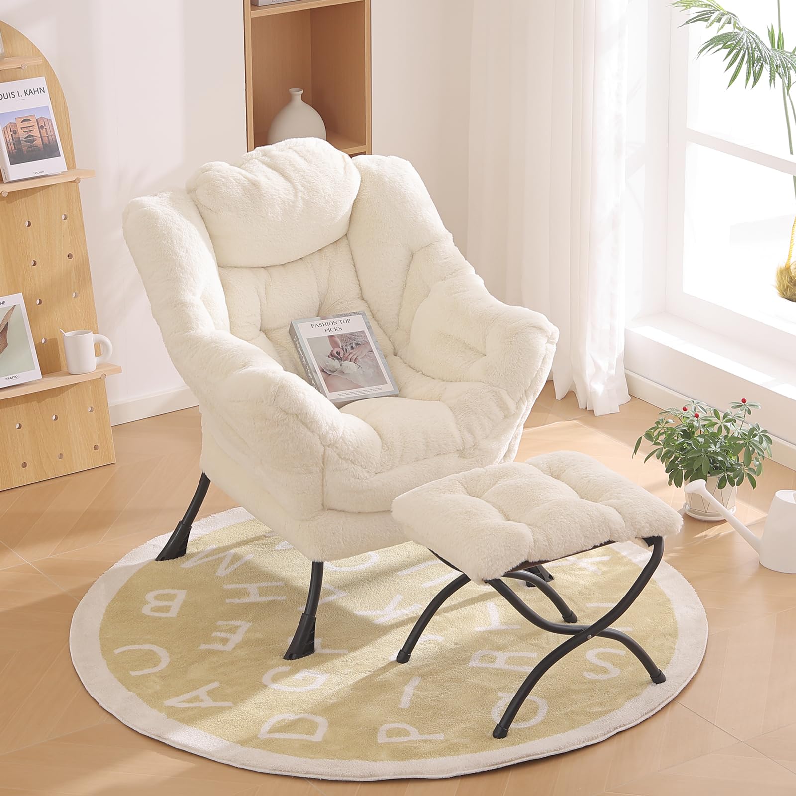Modern Lazy Chair with Ottoman - Plush Beige Lounge Accent Chair with Folding Footrest for Living Room, Bedroom & Study | Comfortable Reading Chair for Relaxing, Napping & Lounging at Home