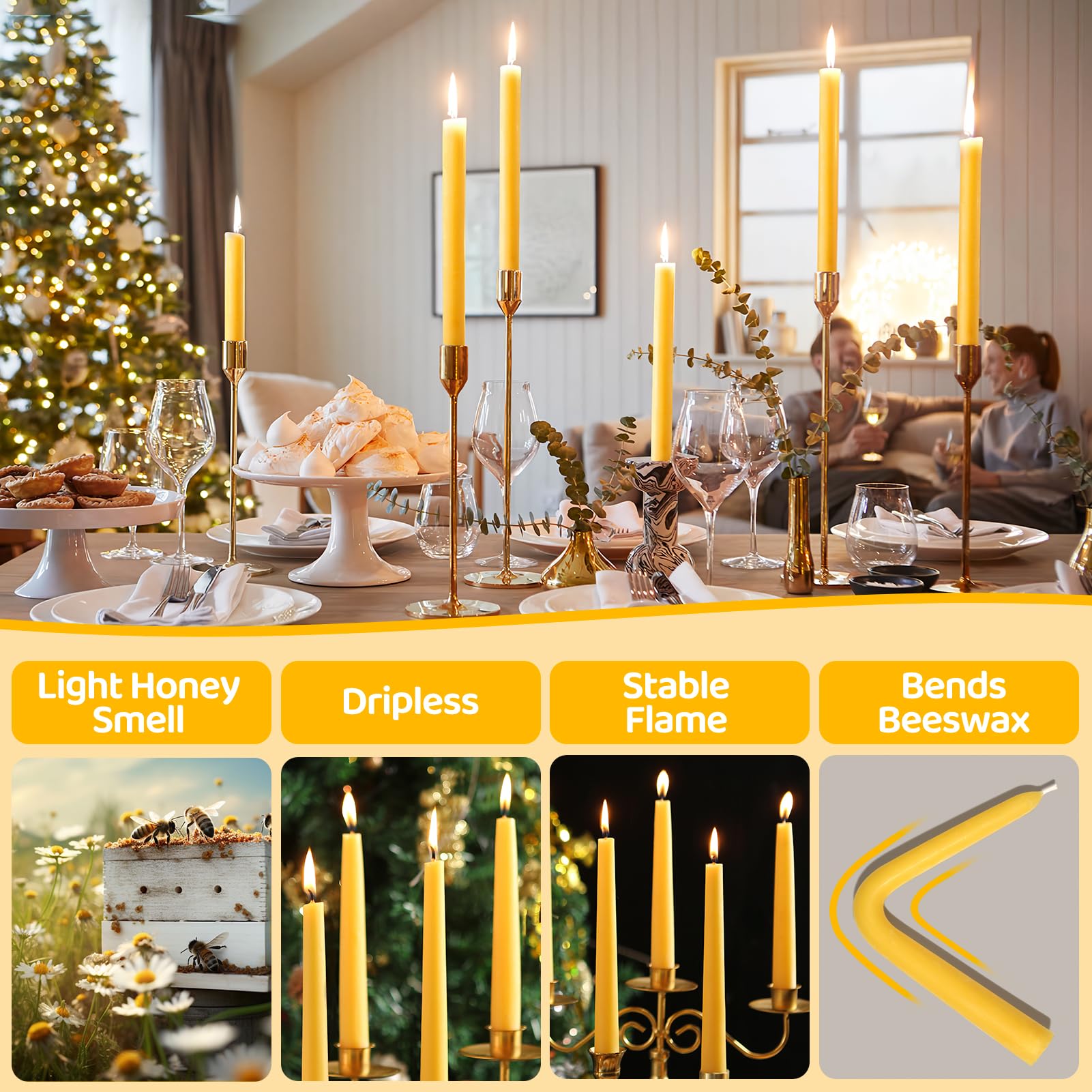 12 Pack 8in Dripless Pure Beeswax Taper Candles - 100% Natural, Long Burning (8 Hours), Smokeless & Unscented Beeswax Candle Sticks for Home Decor, Prayer, Meditation, Romantic Dinners & Special Occasions