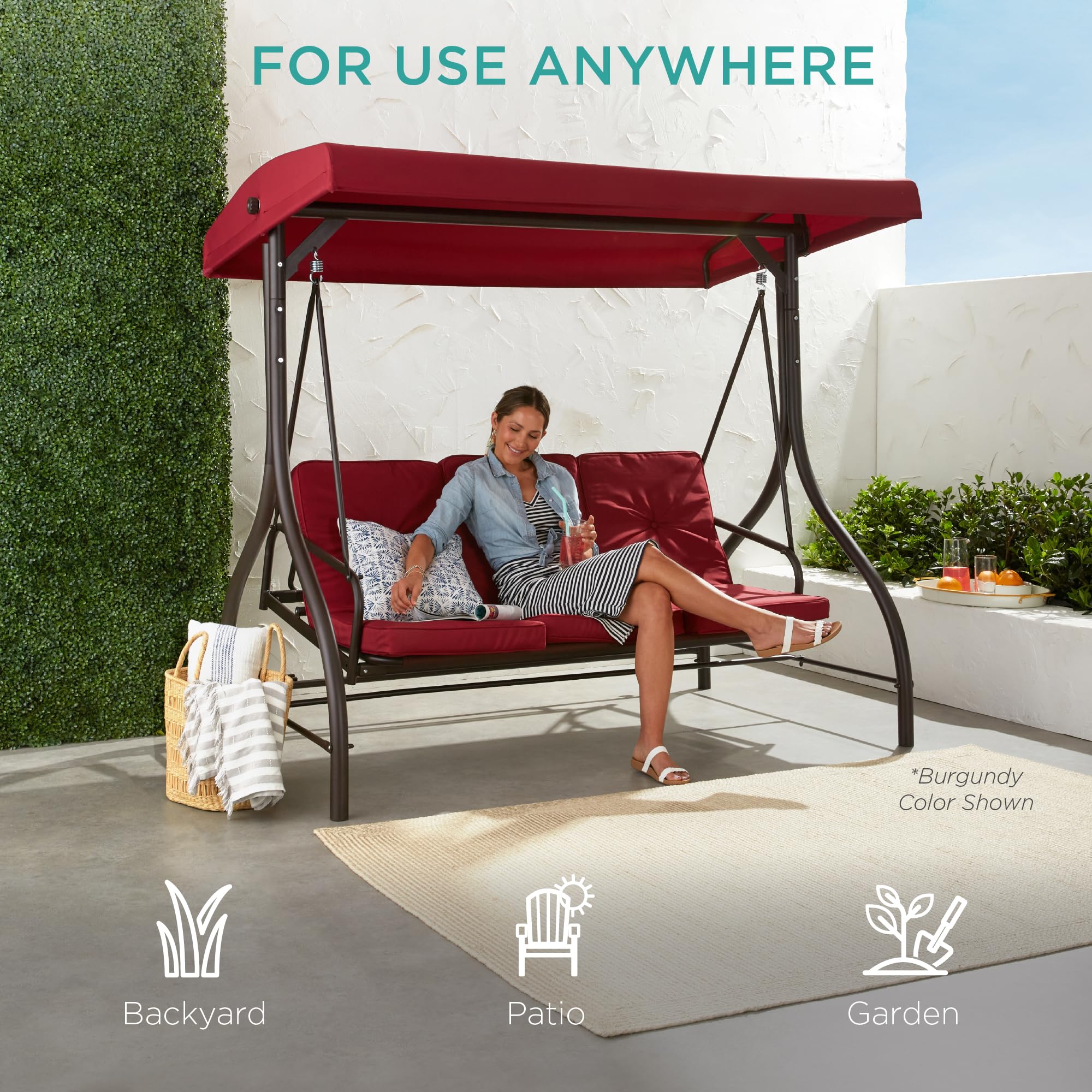 Best Choice Products 3-Seat Outdoor Canopy Swing Glider with Adjustable Shade & Removable Cushions - Patio Hammock Lounge Chair for Porch, Backyard, Garden - Peacock Blue - Perfect for Relaxing, Lounging & Outdoor Entertaining