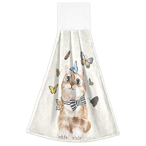 Cute Cat Kitten Kitchen Hanging Hand Towels - 2 Pack Absorbent Butterfly Tie Towels with Loops for Bathroom, Kitchen & Home Decor | Perfect for Gifts, Housewarming & Summer Decorations