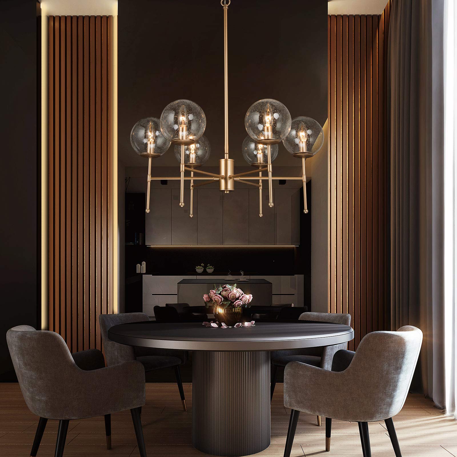 6-Light Gold Globe Chandelier with Seeded Glass Shades - 26'' W x 29.5'' H Modern Pendant Lighting for Dining Room, Living Room & Bedroom | Elegant Ceiling Light Fixture for Home Decor, Wedding & Restaurant Ambiance