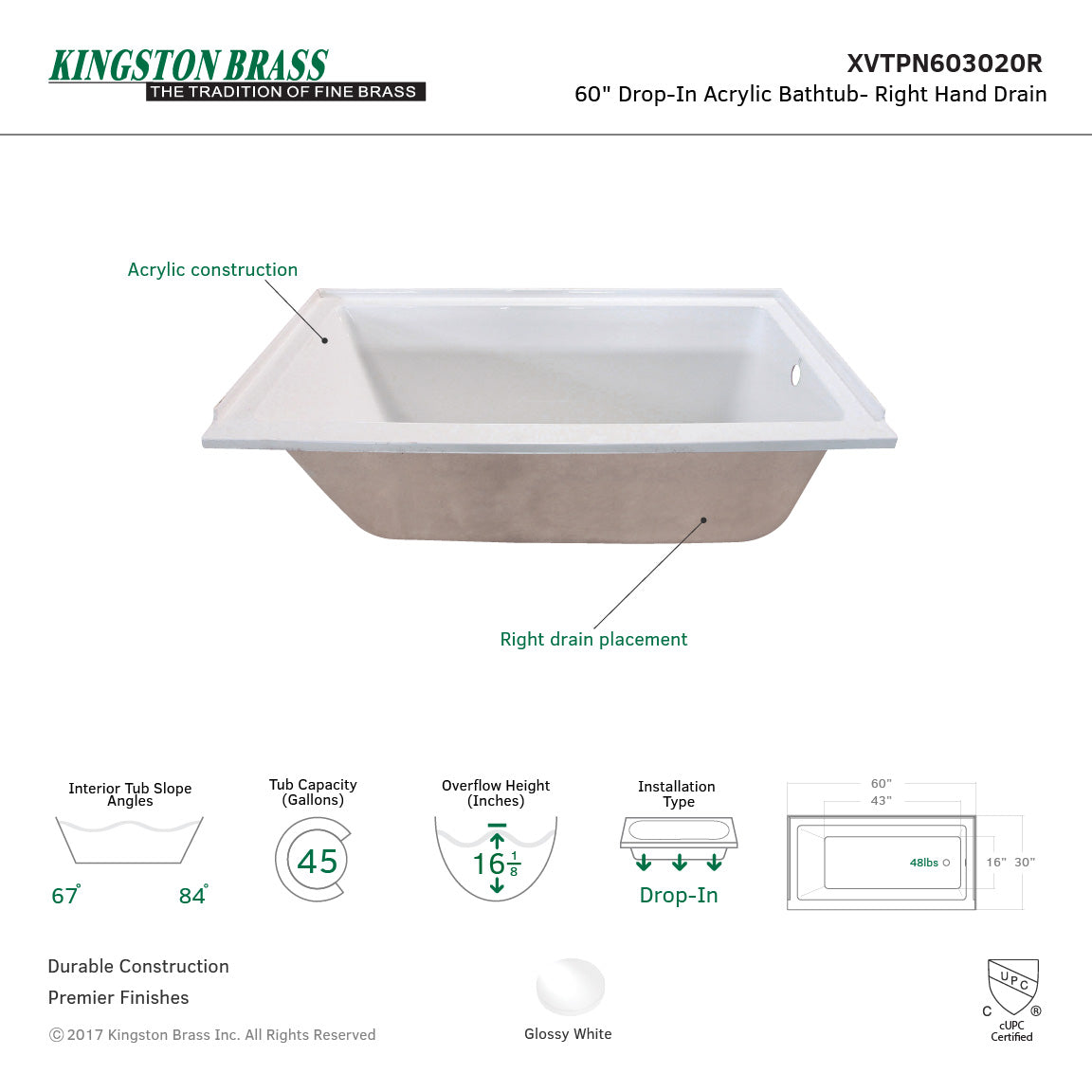 Aqua Eden 60-Inch Acrylic Rectangular Drop-In Bathtub - Right Hand Drain, Glossy White - Perfect for Modern Bathroom Renovations & Spa-Like Relaxation
