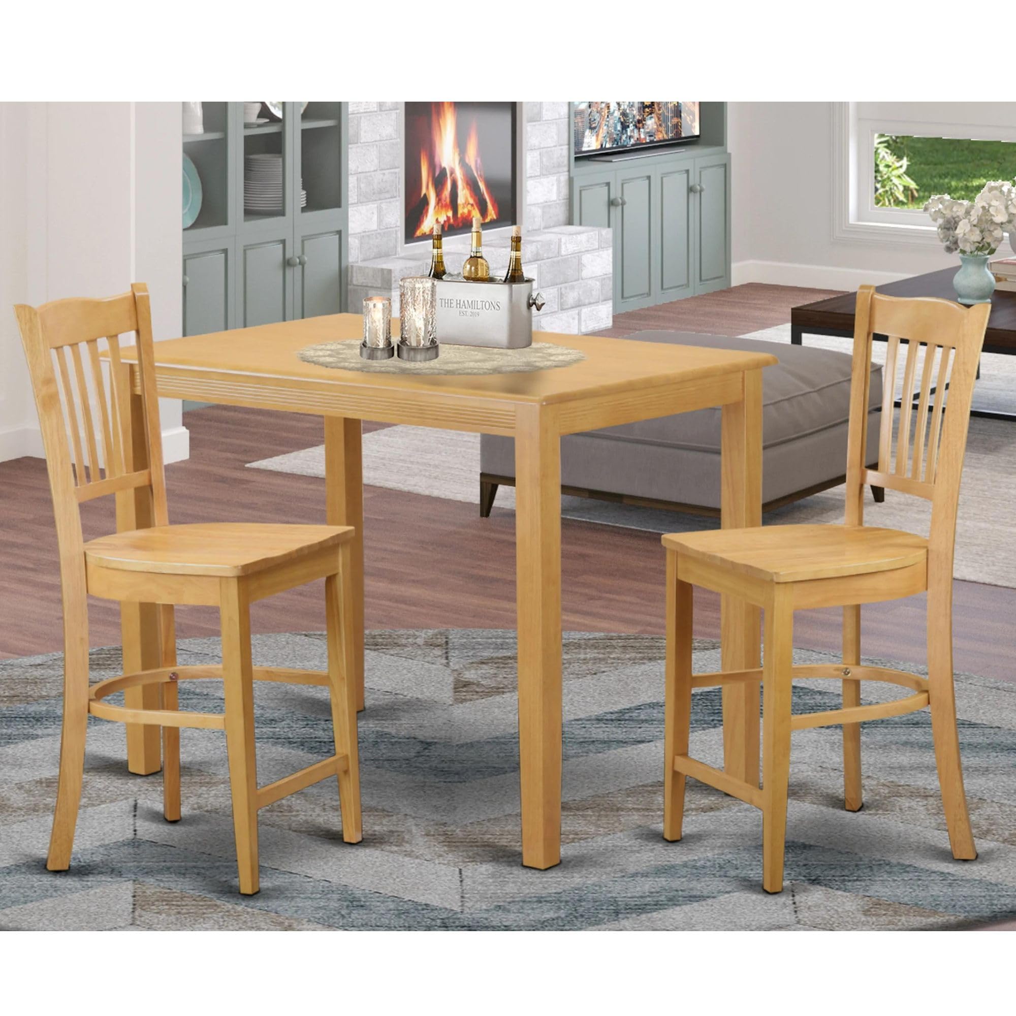 East West Furniture 3-Piece Kitchen Counter Height Dining Set - 30x48 Inch Oak Pub Table with 2 Bar Stools for Breakfast Nook, Small Space Dining & Kitchen Island Seating