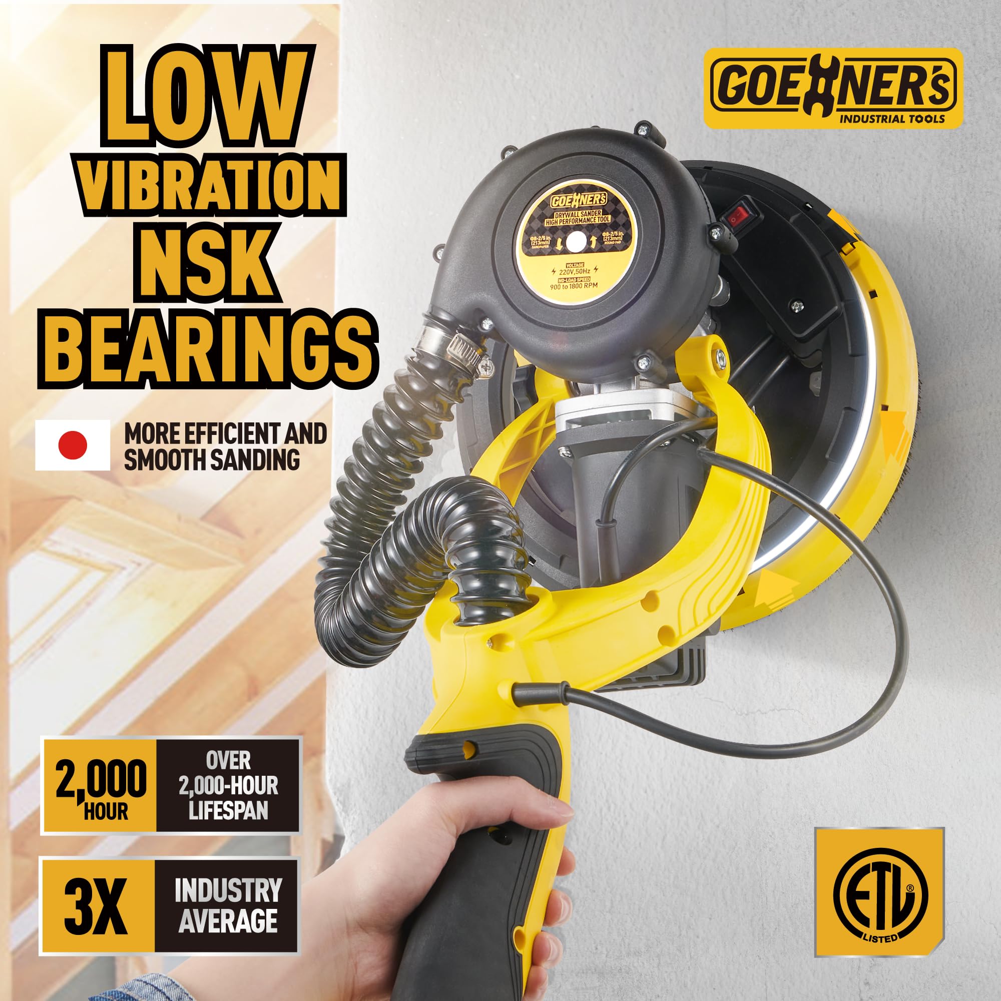 Powerful Electric Drywall Sander with Vacuum - 99% Dust Absorption, 7-Speed Adjustable (900-1800 RPM), 26ft Power Cord & LED Light - Dust-Free Drywall Sanding for Walls, Ceilings & Popcorn Texture Removal - Perfect for Home Renovation and Professional Construction Projects