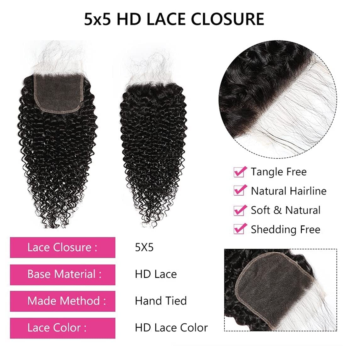 Beauty Forever Jerry Curly 3 Bundles With 5X5 HD Lace Closure Brazilian Unprocessed Virgin Human Hair Weave - 18 18 18 + 16 Inch Free Part Lace Closure Natural Color Virgin Remy Hair Extensions for Stunning Curly Hairstyles & Daily Wear